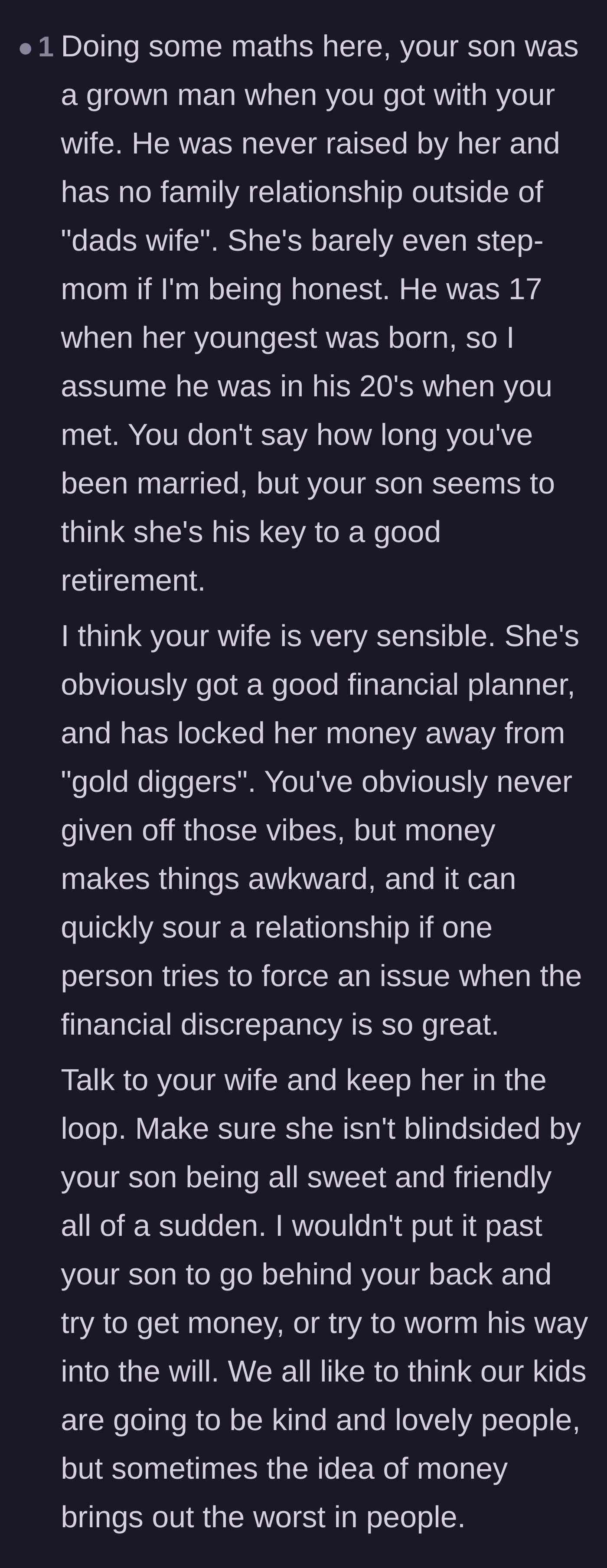 Comment thread 3 - Praise for the wife's financial planner locking down her assets and a warning to the father to watch his son's future behavior.