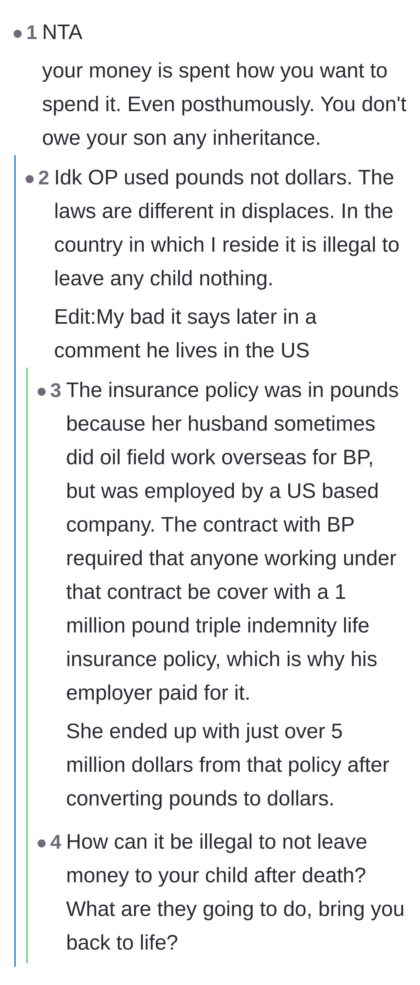 Comment thread 5 - A debate over international inheritance laws and whether a parent is ever obligated to leave money to their children.