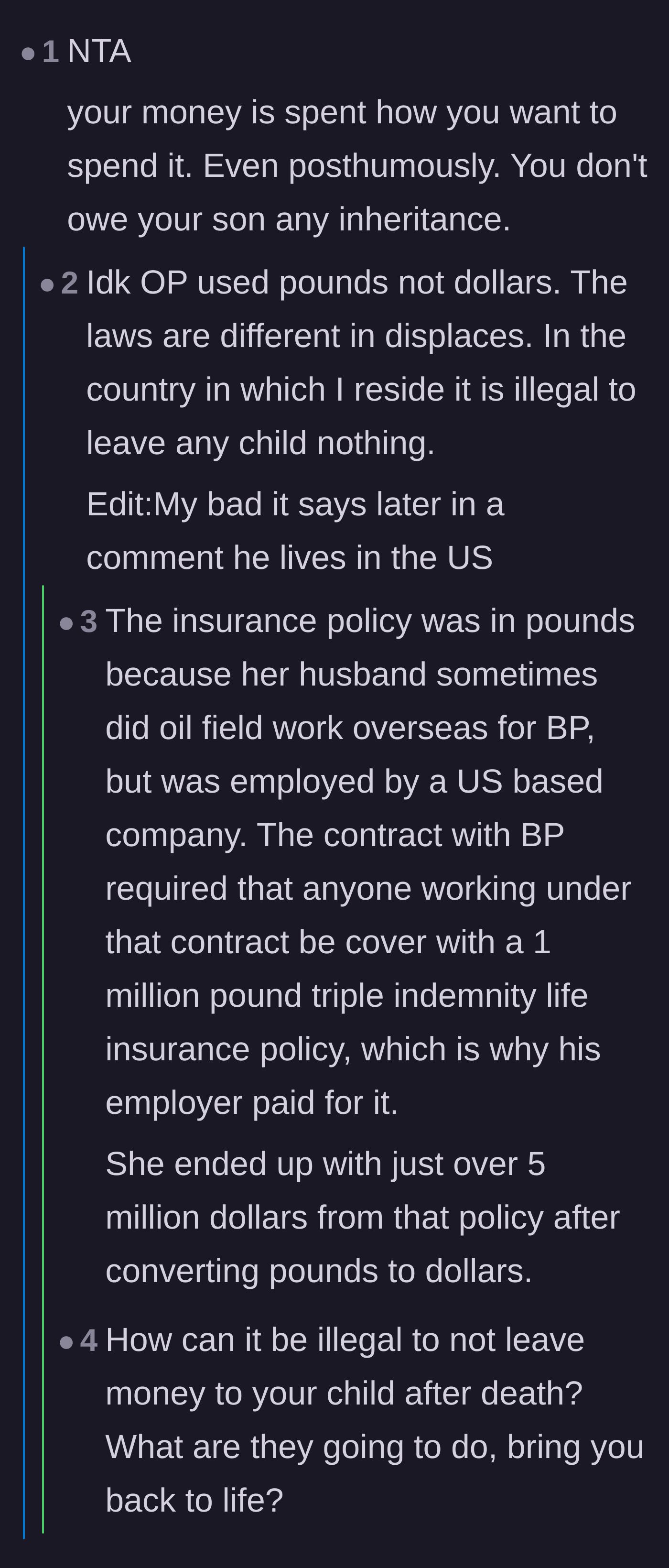 Comment thread 5 - A debate over international inheritance laws and whether a parent is ever obligated to leave money to their children.
