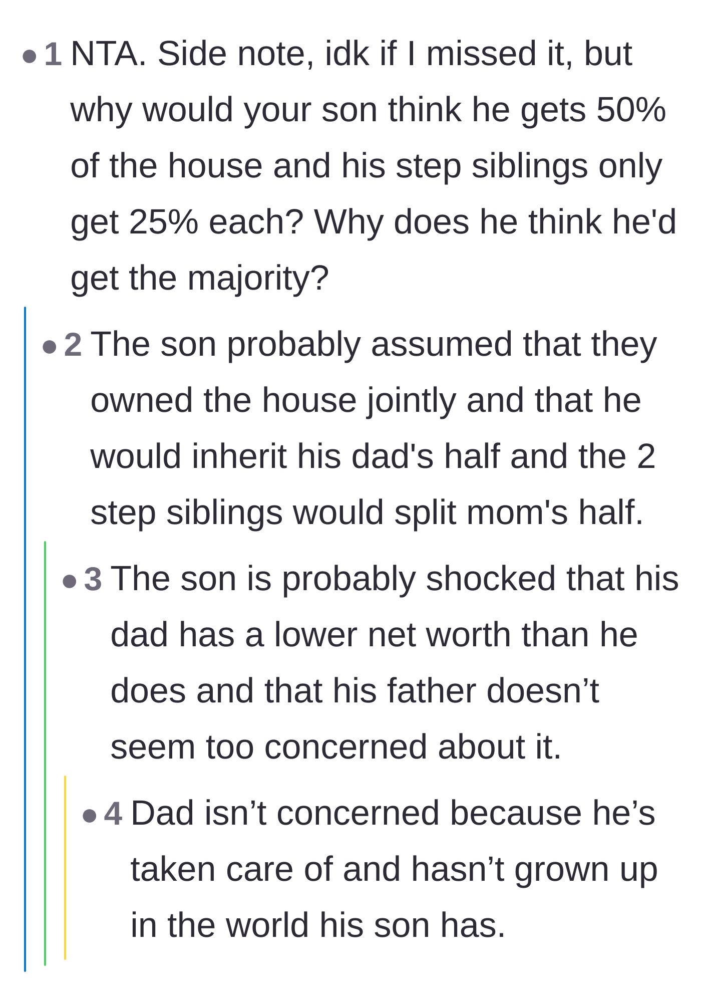 Comment thread 6 - Analysis of the son's flawed math and his arrogant assumption that he would inherit a larger share than the biological children.