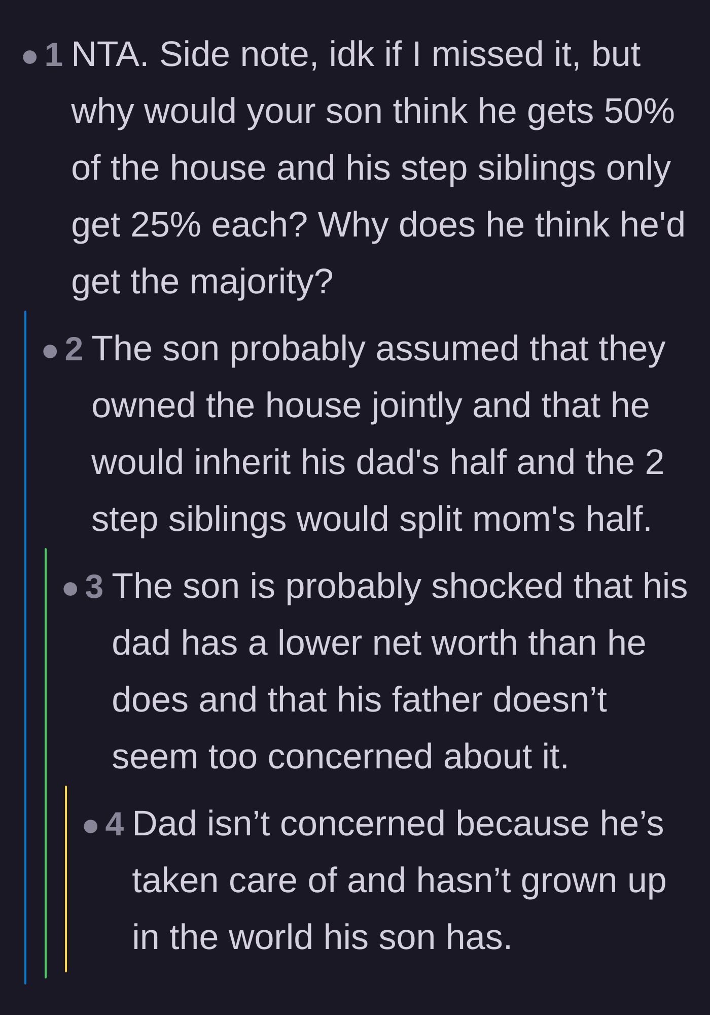 Comment thread 6 - Analysis of the son's flawed math and his arrogant assumption that he would inherit a larger share than the biological children.