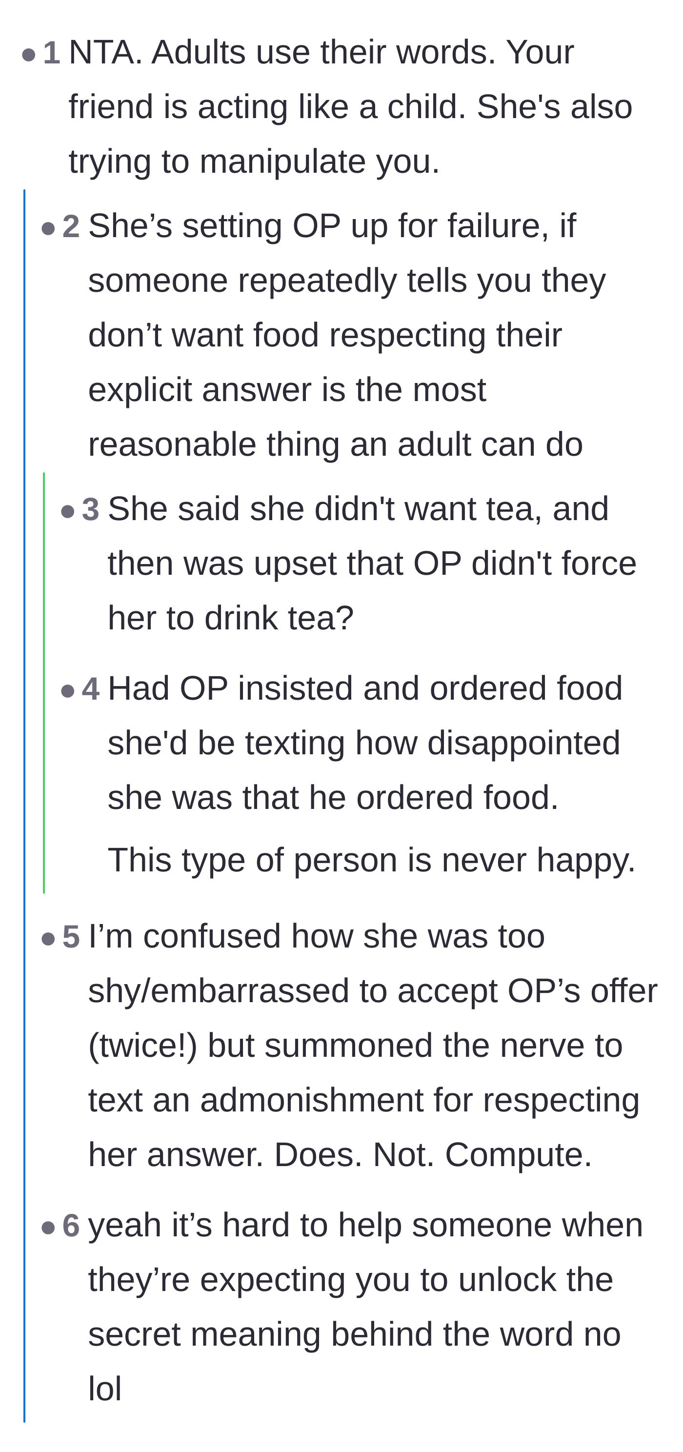 Comment thread 1 - Discussion on how the friend set him up for a lose-lose situation where ordering food would have also caused an argument.