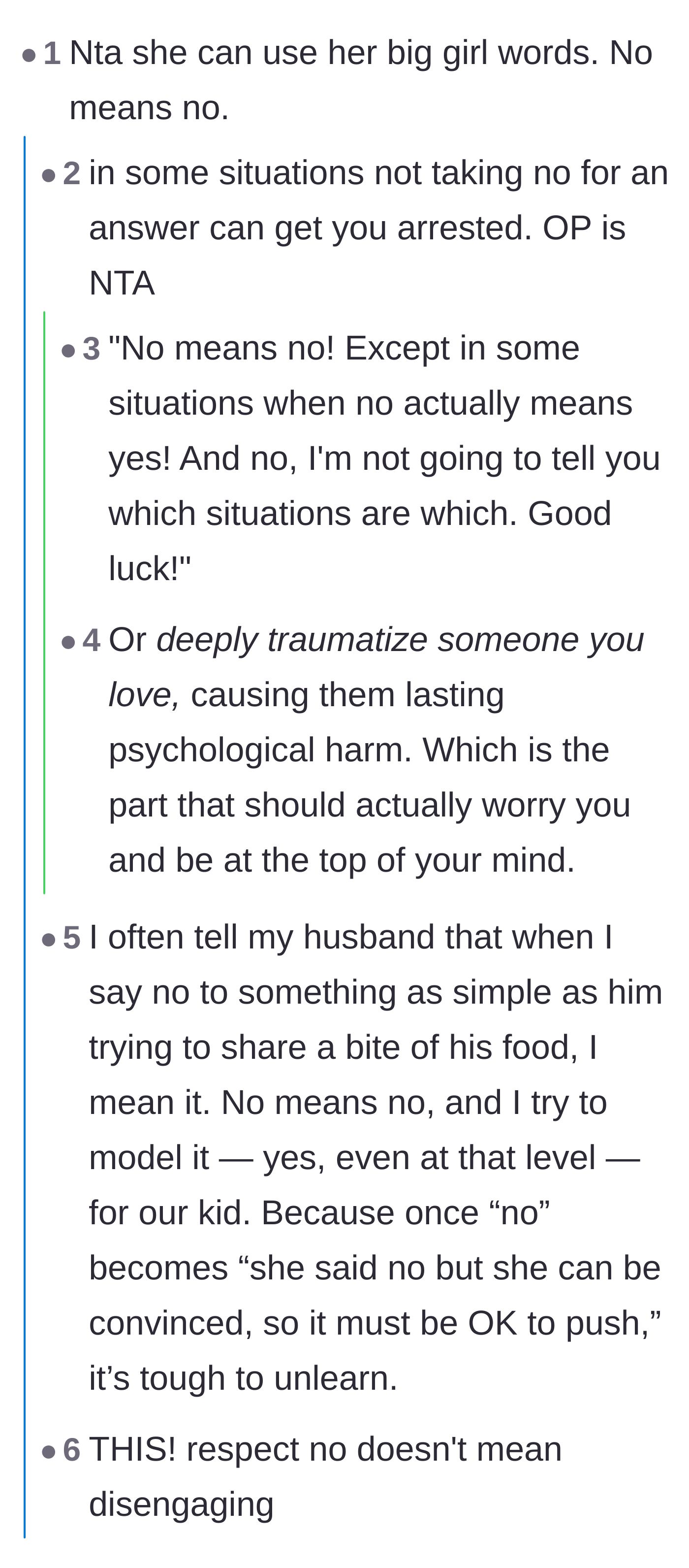 Comment thread 2 - Readers debating how ignoring a clear 'no' sets a dangerous precedent for consent.