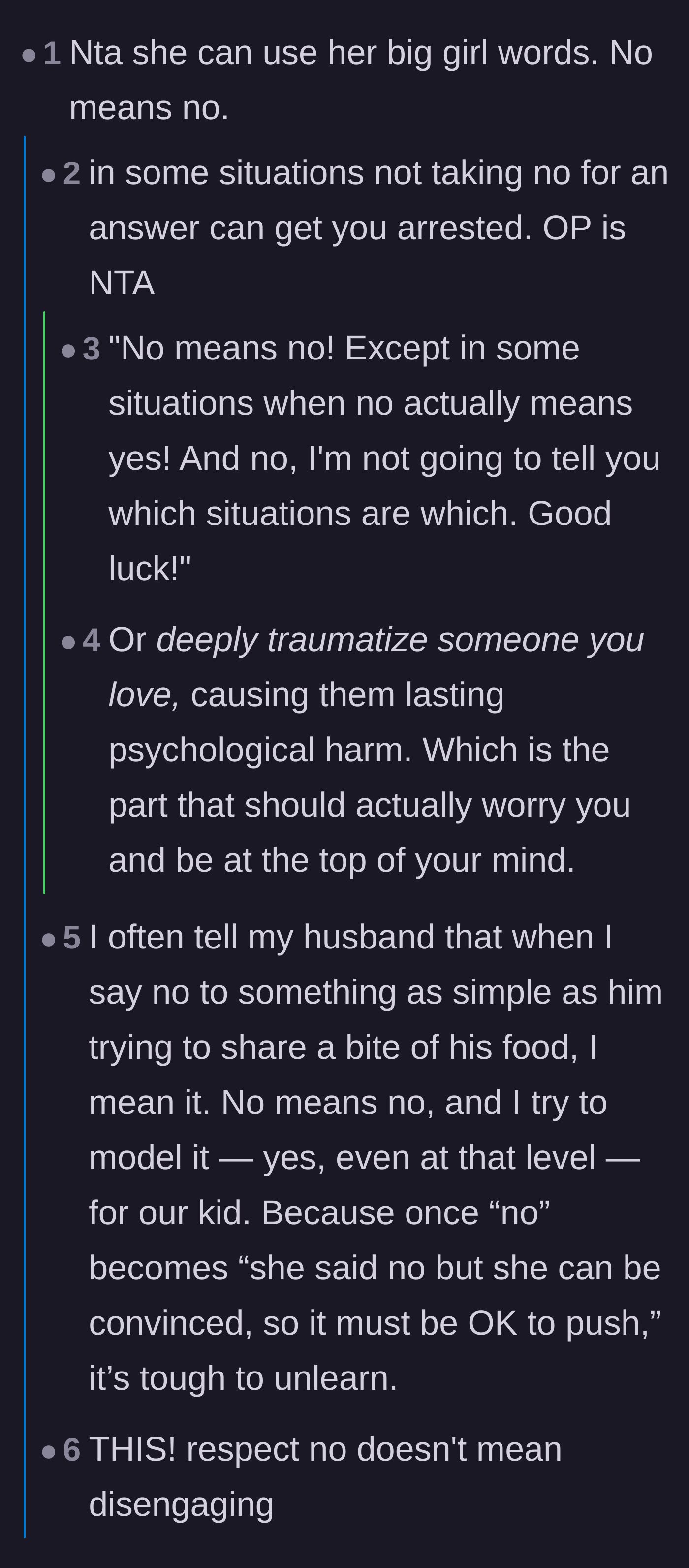 Comment thread 2 - Readers debating how ignoring a clear 'no' sets a dangerous precedent for consent.