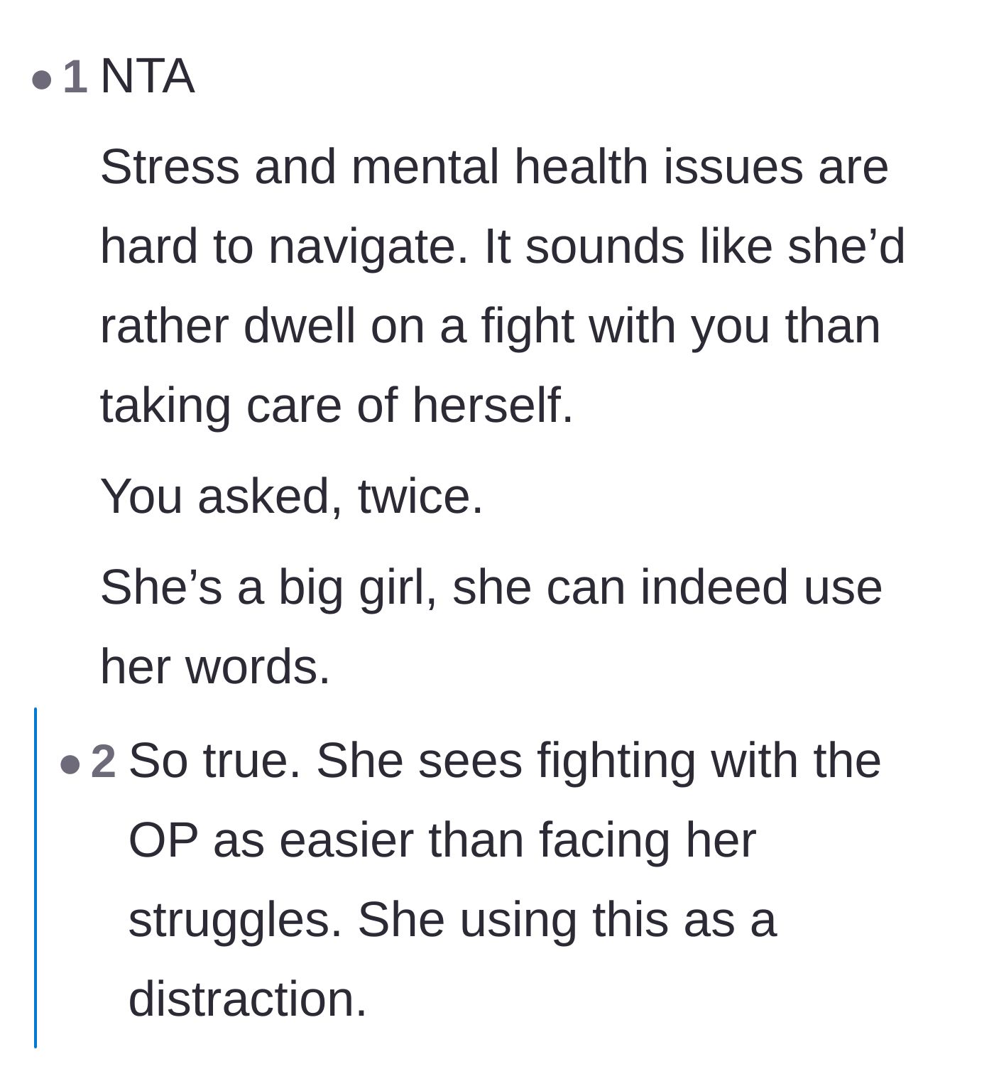 Comment thread 6 - A reader suggesting the friend picked a fight as a distraction from dealing with her actual mental health struggles.