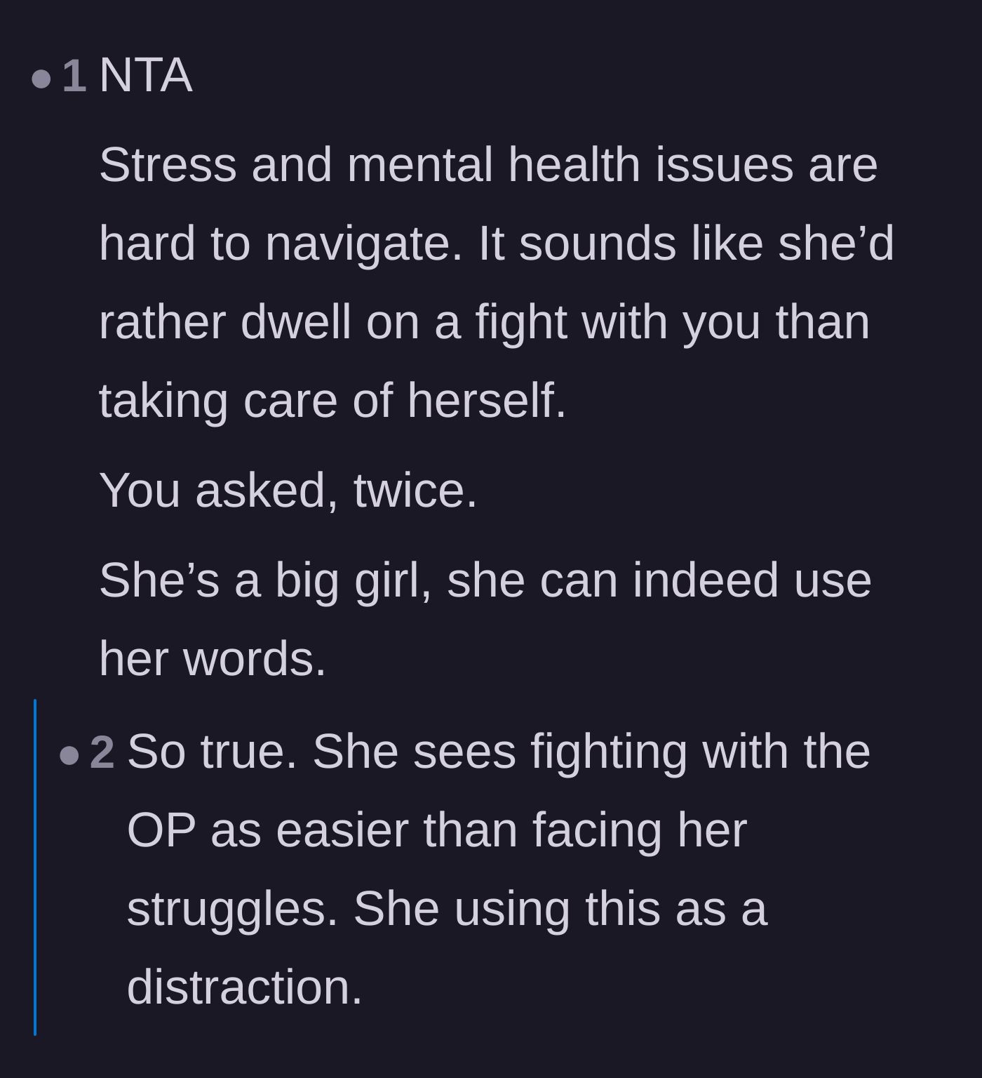 Comment thread 6 - A reader suggesting the friend picked a fight as a distraction from dealing with her actual mental health struggles.