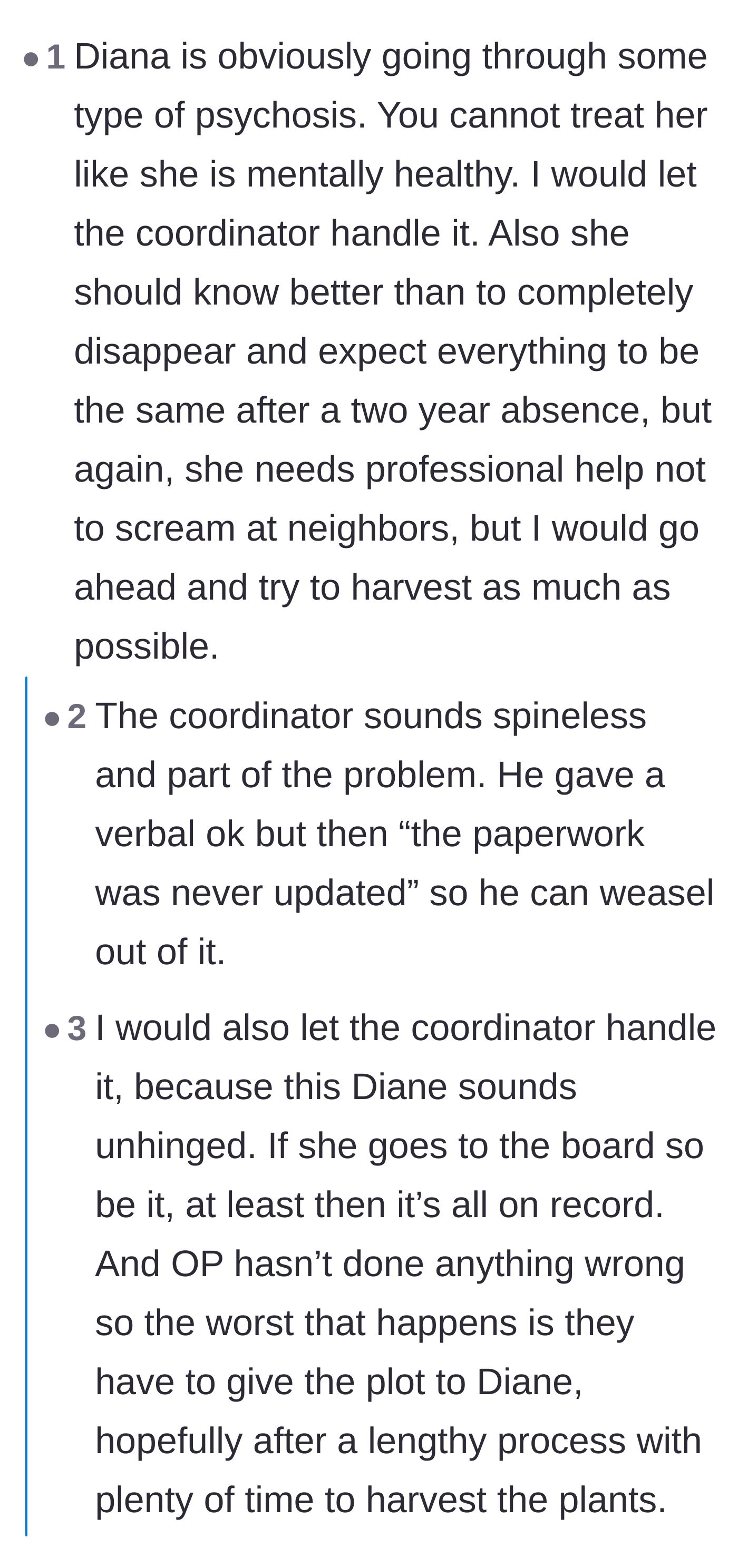 Comment thread 2 - Commenters calling out the garden coordinator for being spineless and shoving conflict management onto the gardeners.