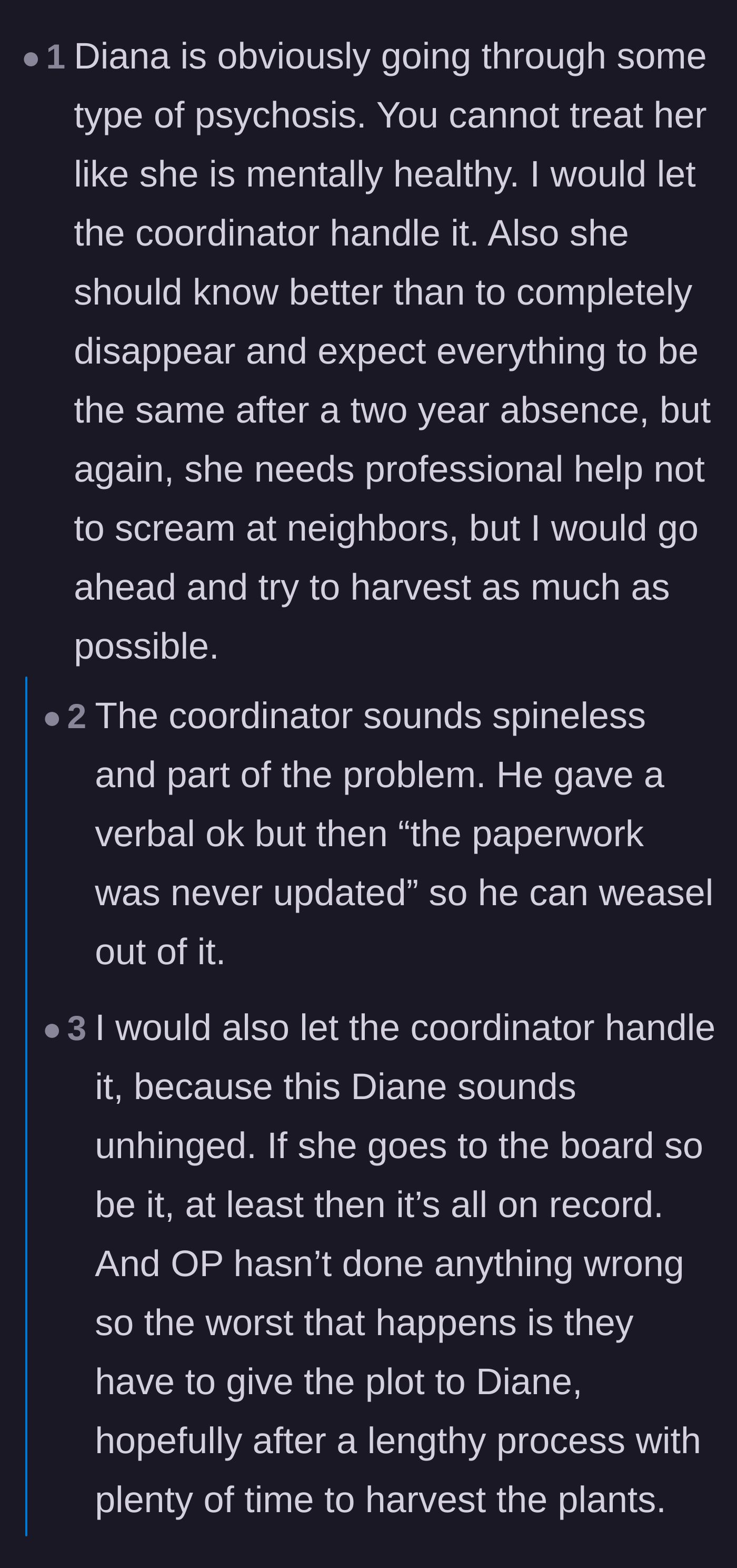 Comment thread 2 - Commenters calling out the garden coordinator for being spineless and shoving conflict management onto the gardeners.