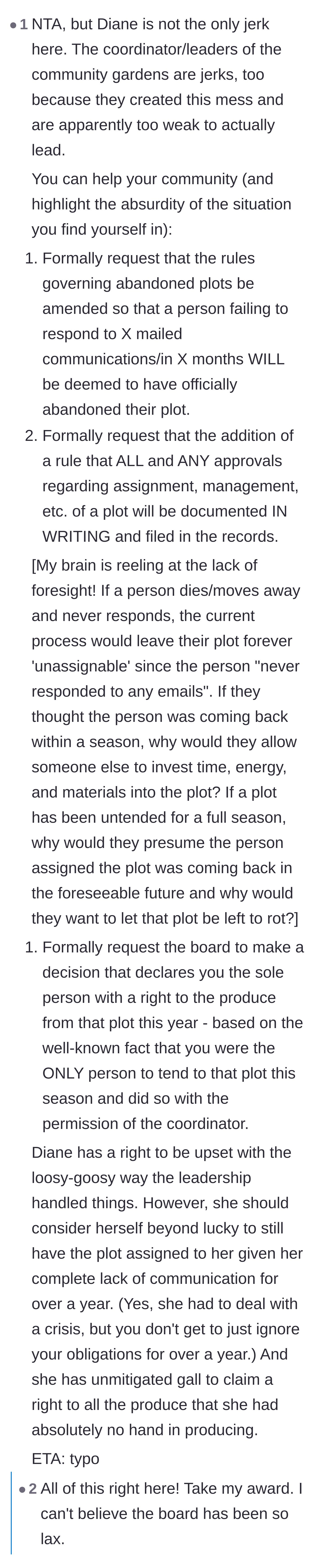 Comment thread 3 - Advice suggesting the main character formally request rule changes and holding the community board accountable for their lax leadership.