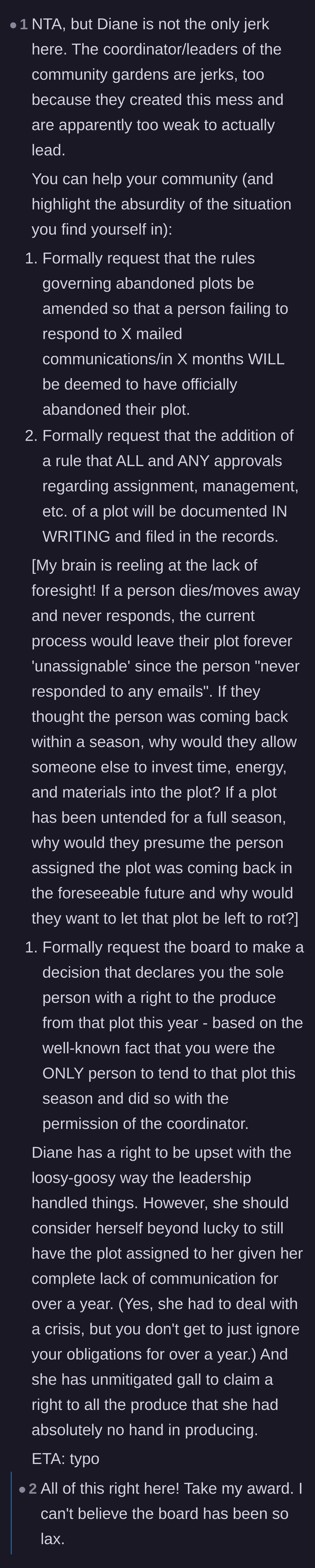 Comment thread 3 - Advice suggesting the main character formally request rule changes and holding the community board accountable for their lax leadership.