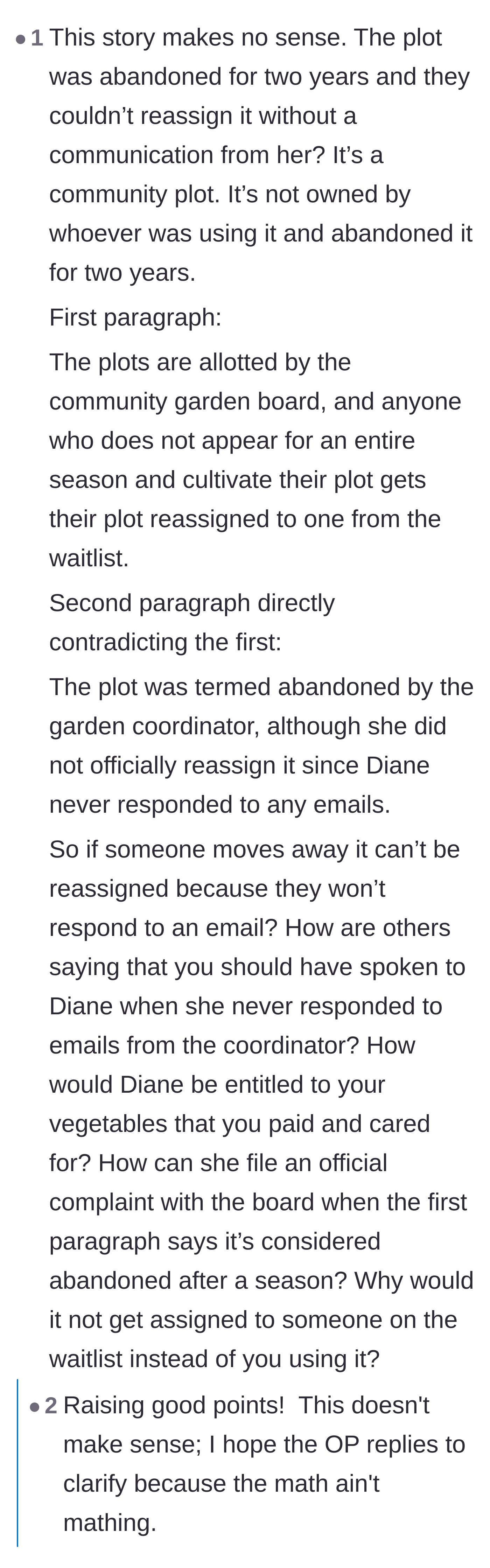 Comment thread 5 - Readers questioning the logic of the story, specifically how an abandoned plot wasn't given to the waitlist due to unreturned emails.