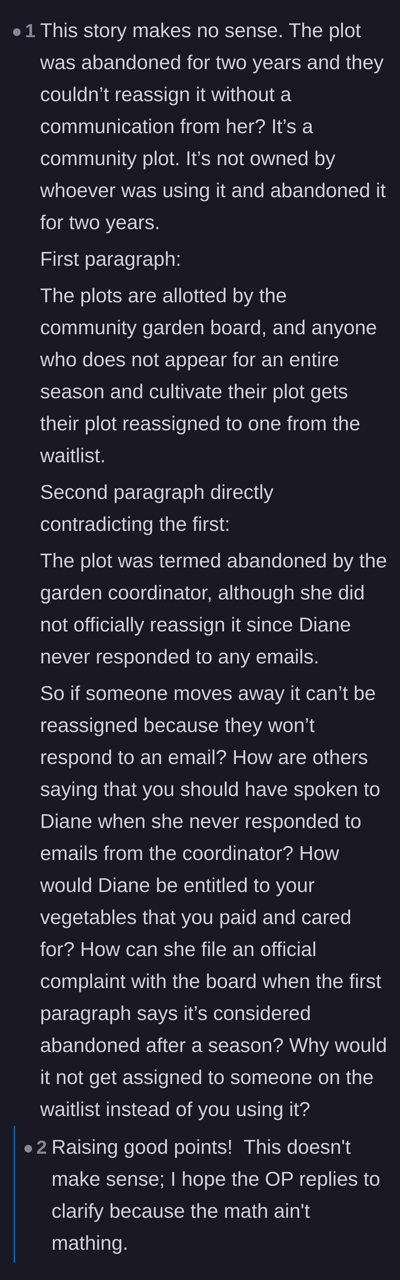 Comment thread 5 - Readers questioning the logic of the story, specifically how an abandoned plot wasn't given to the waitlist due to unreturned emails.