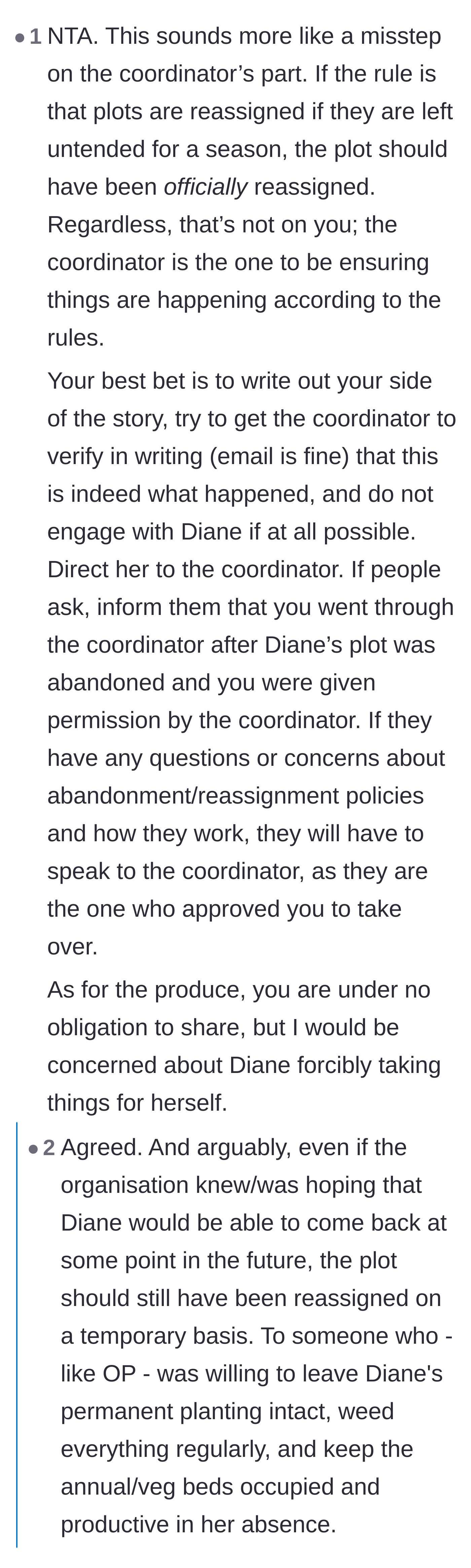Comment thread 6 - Advice telling the main character to get the coordinator's approval in writing and warning them to guard their harvest.