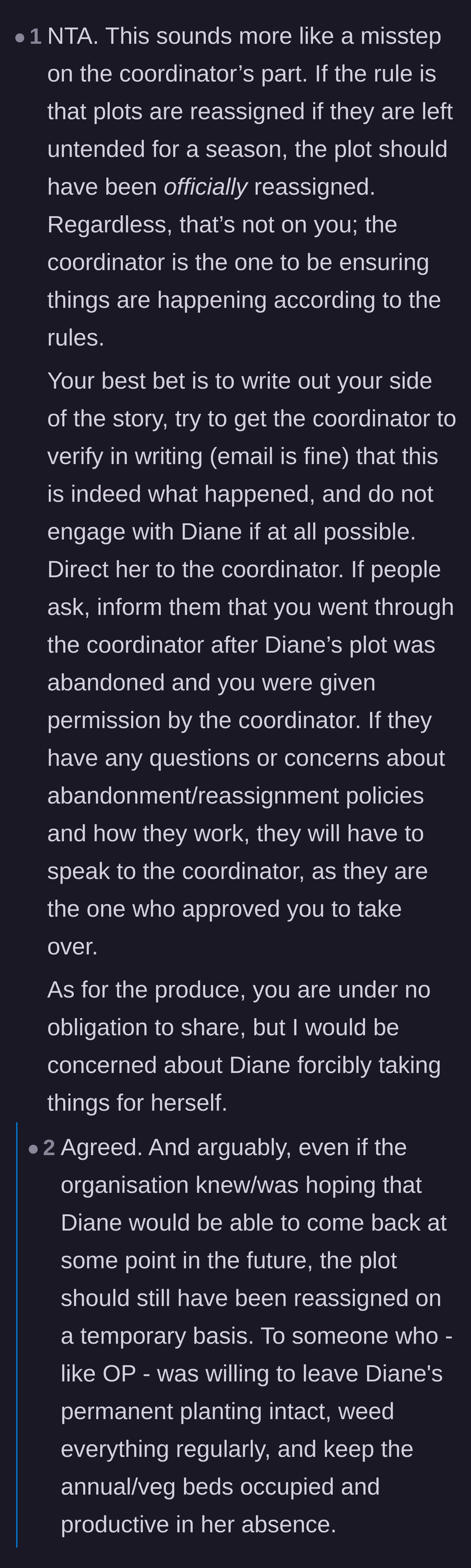 Comment thread 6 - Advice telling the main character to get the coordinator's approval in writing and warning them to guard their harvest.