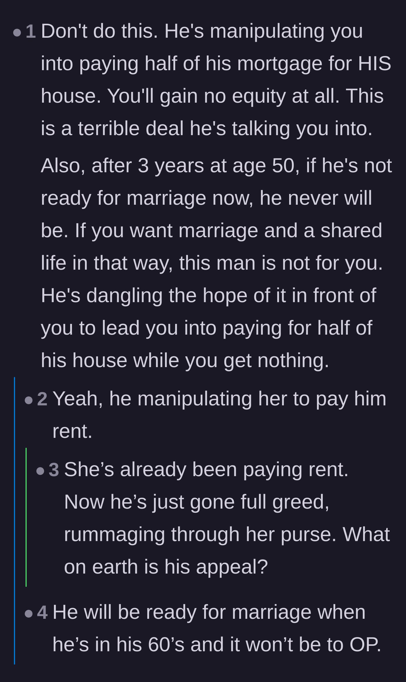 Comment thread 2 - Commenters calling out the terrible financial deal of paying his mortgage with zero equity in return.