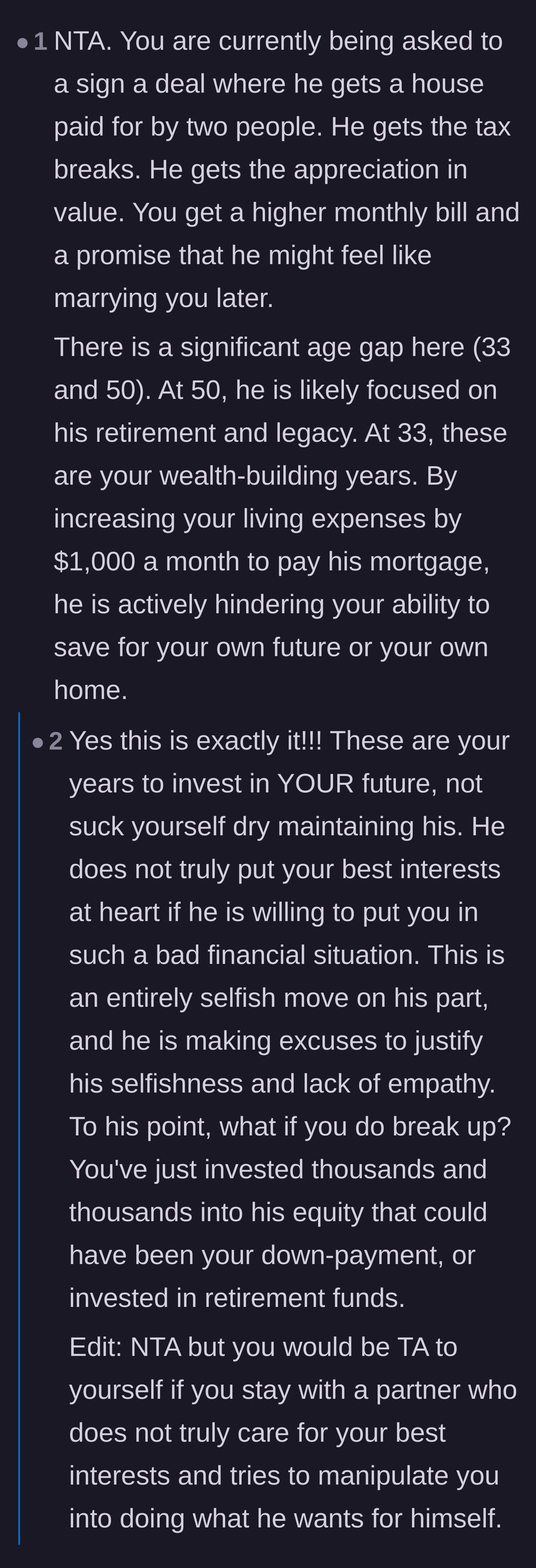 Comment thread 3 - A breakdown of how this arrangement robs the girlfriend of her prime wealth-building years to fund his retirement.