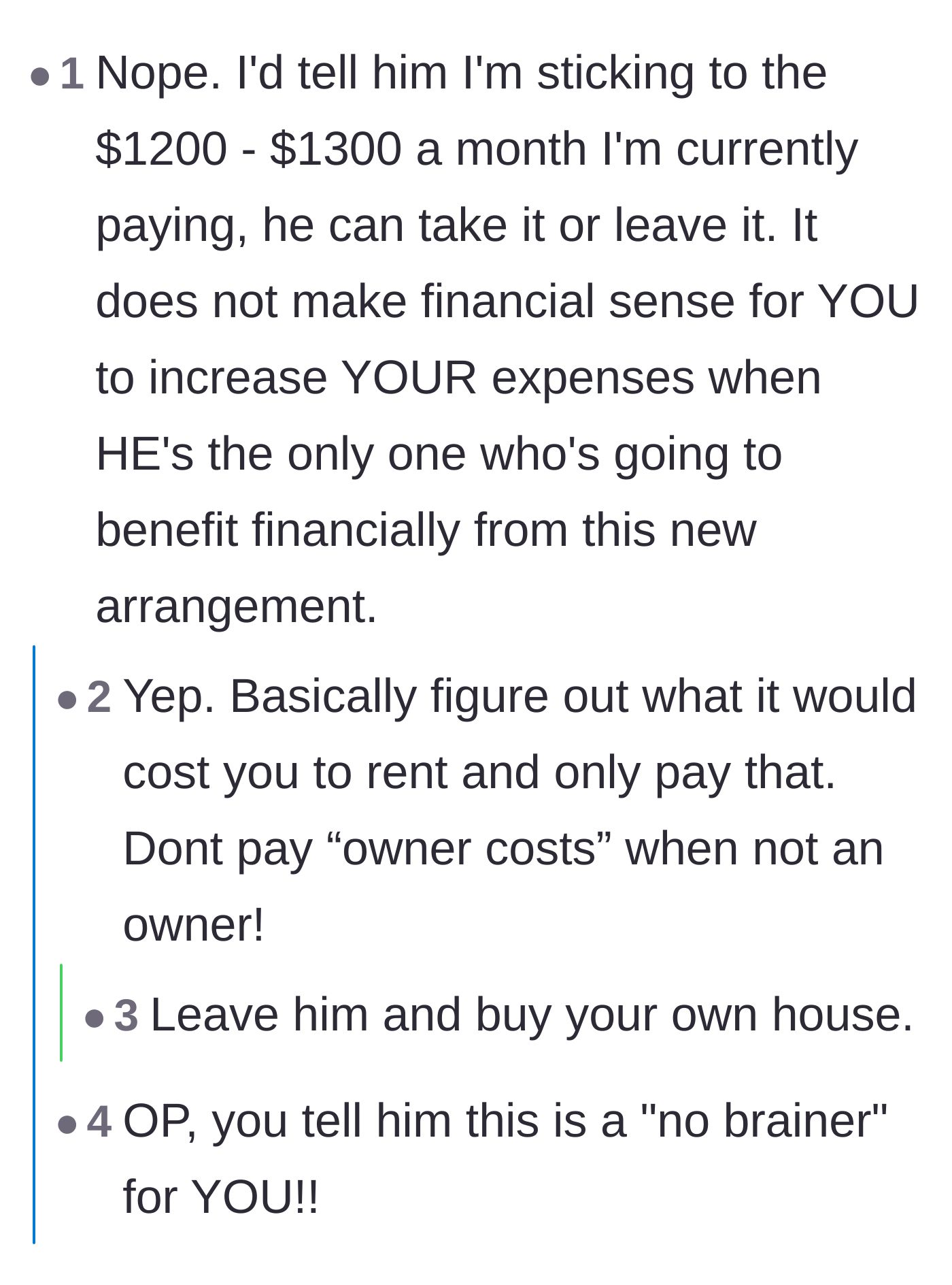 Comment thread 6 - Practical advice urging the girlfriend to freeze her contributions at her current rent level.