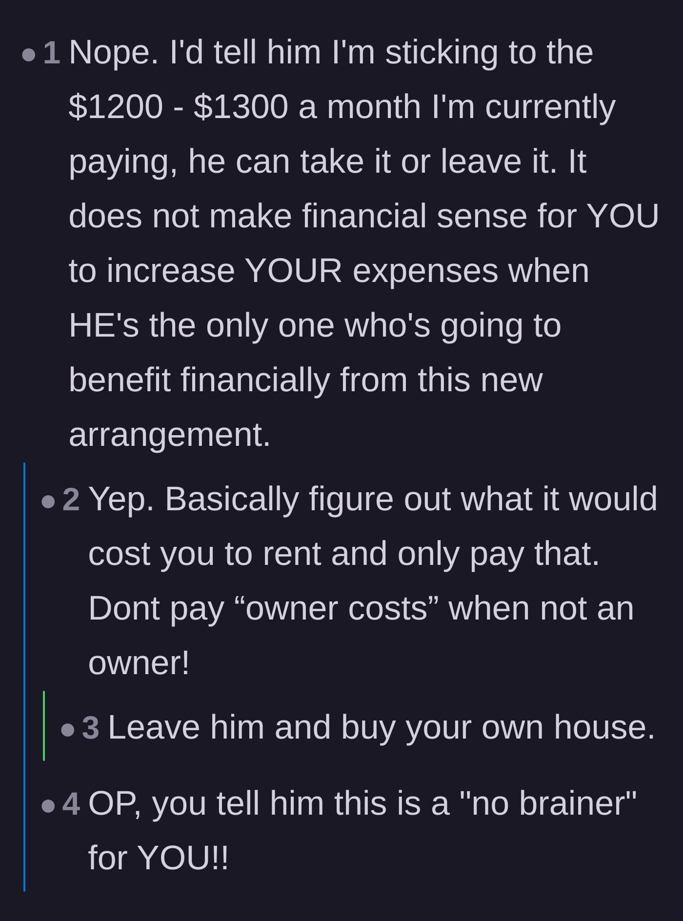 Comment thread 6 - Practical advice urging the girlfriend to freeze her contributions at her current rent level.