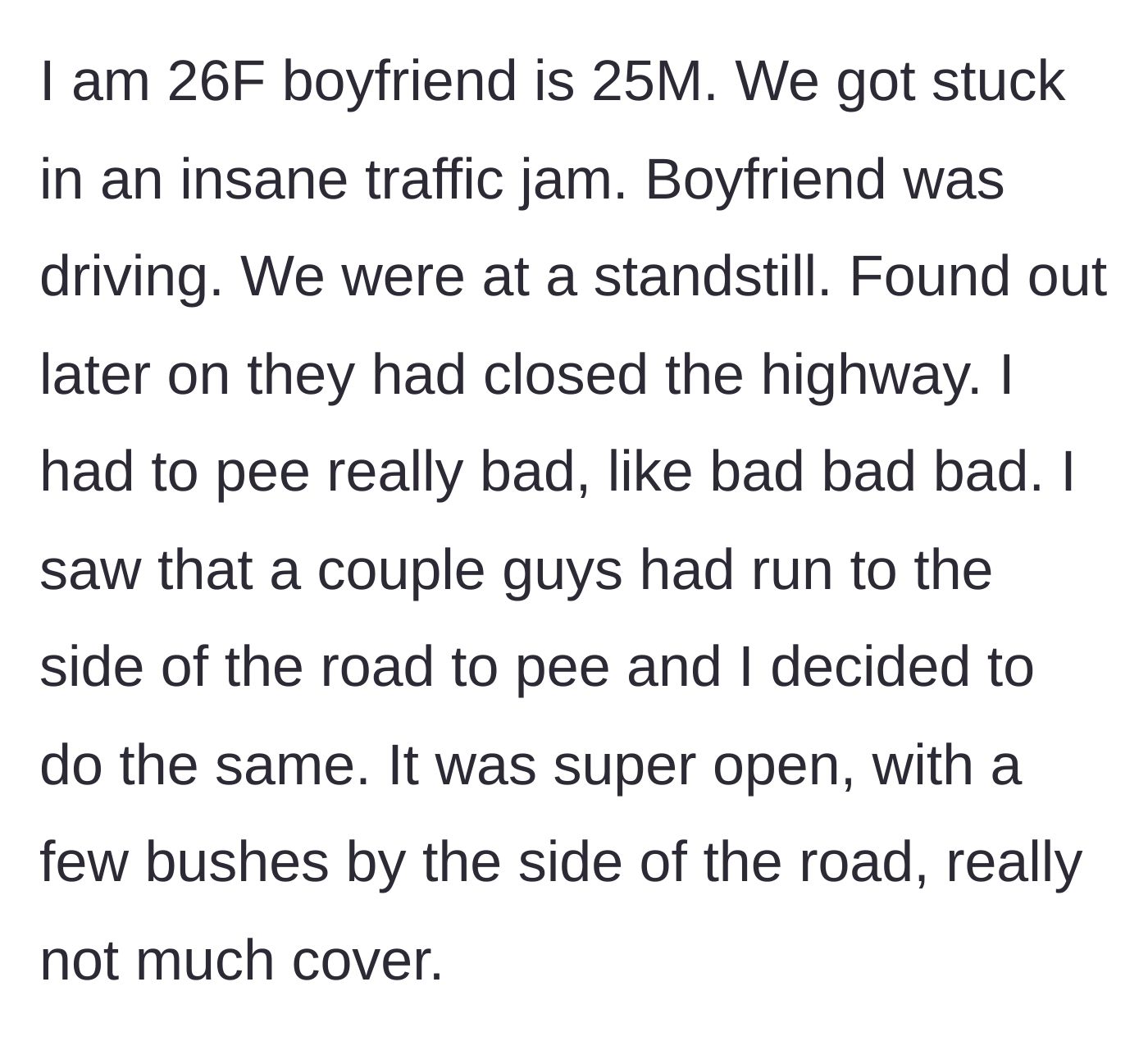 Story part 1 - A couple stuck in a standstill highway traffic jam with no restroom in sight.