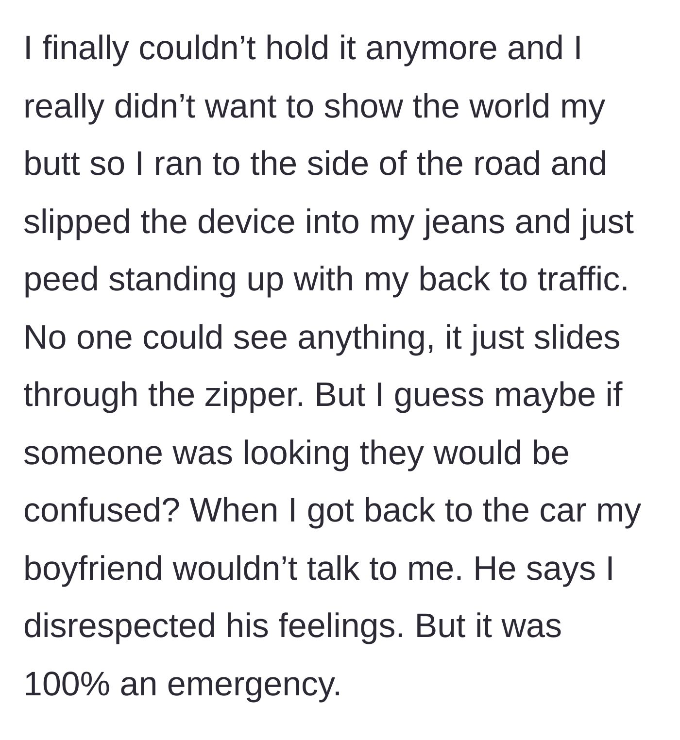 Story part 4 - A woman standing by a highway using a funnel discretely while facing away from traffic.
