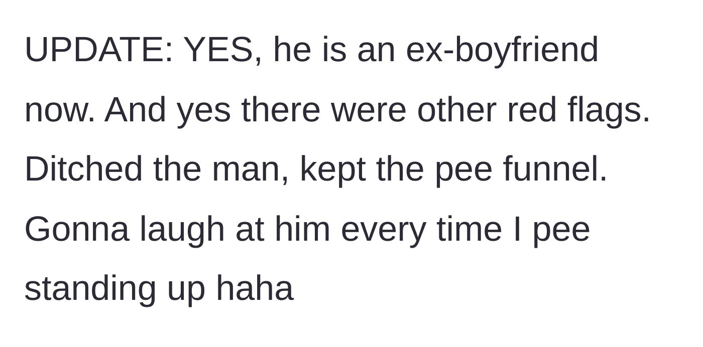 Story part 5 - A cheerful woman holding her trusty pee funnel after a successful breakup.