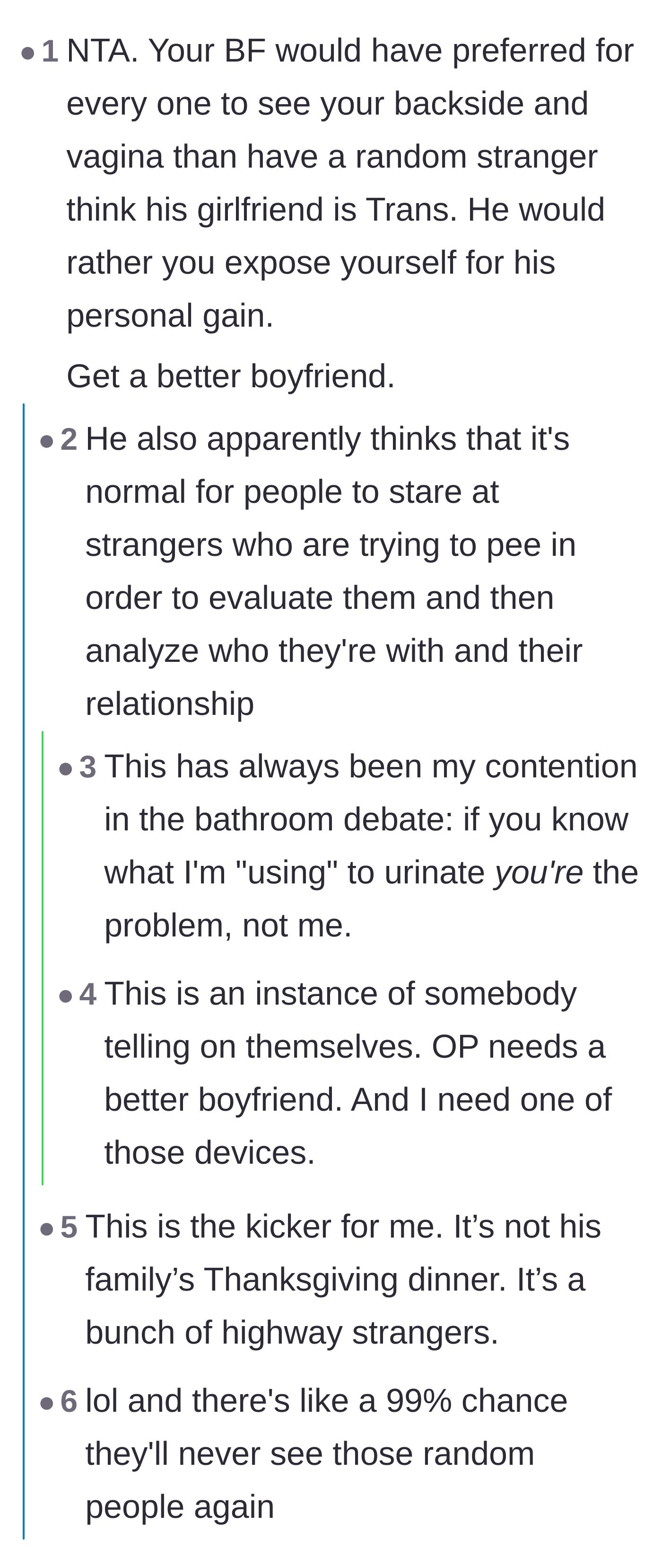 Comment thread 1 - Readers criticizing the boyfriend for preferring public exposure over a perceived blow to his ego.