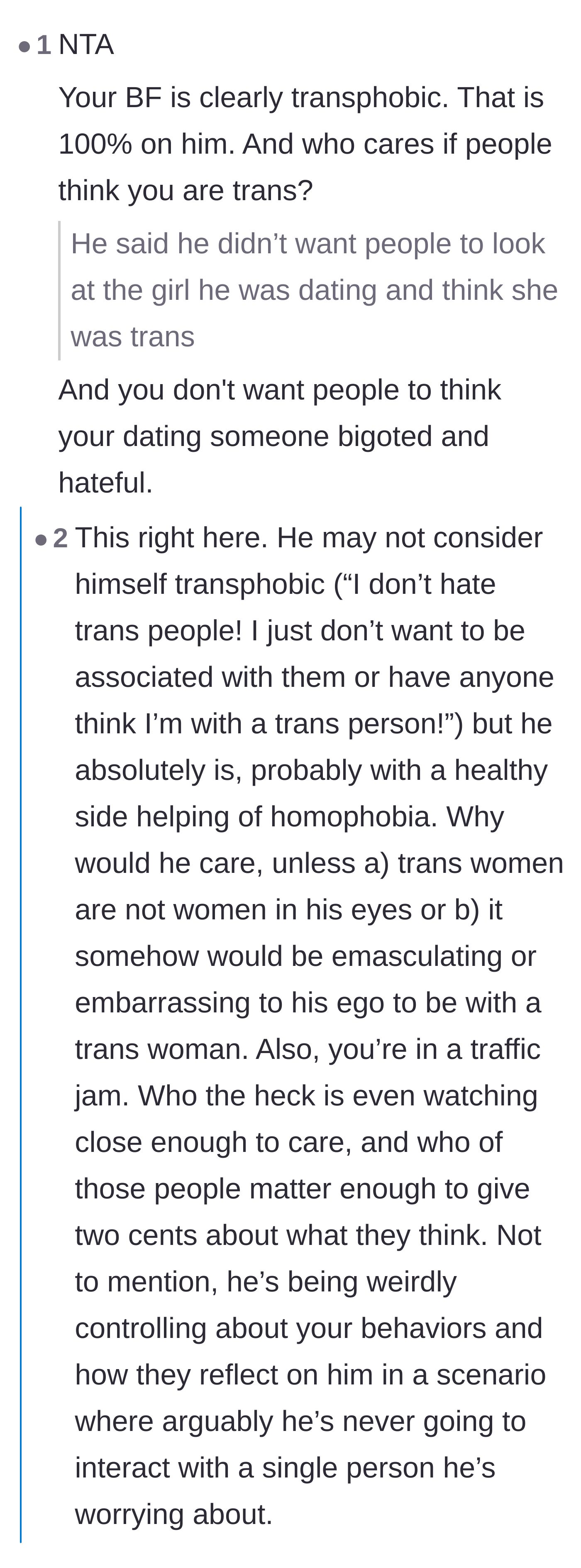 Comment thread 2 - A discussion breaking down the boyfriend's fragile masculinity and thinly veiled prejudices.