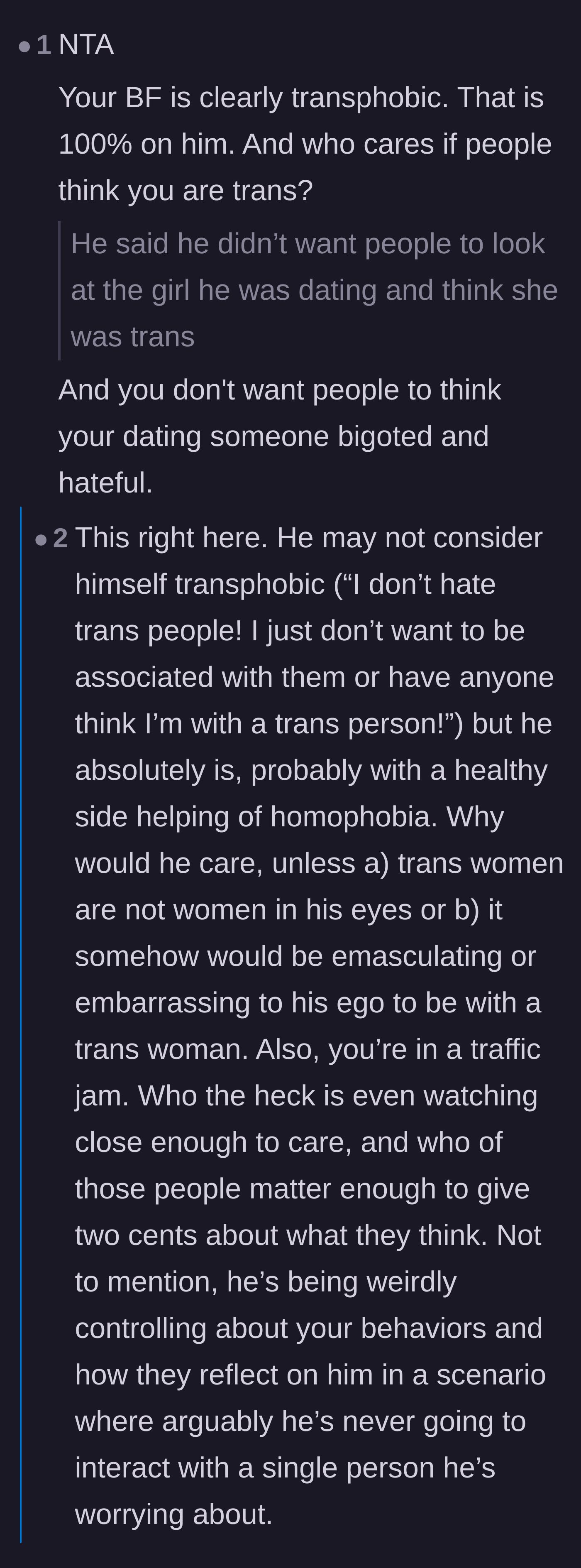 Comment thread 2 - A discussion breaking down the boyfriend's fragile masculinity and thinly veiled prejudices.