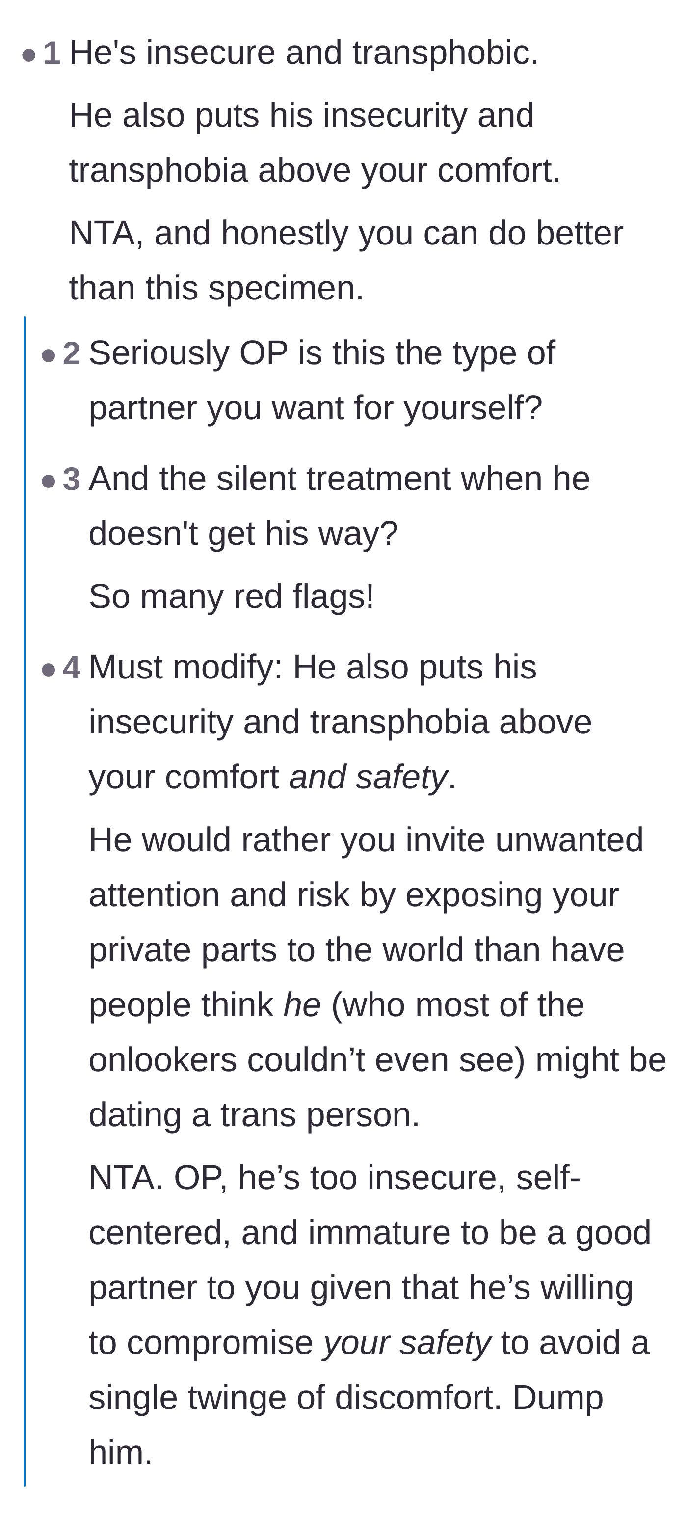 Comment thread 3 - Commenters pointing out that the boyfriend prioritized his insecurities over the main character's safety and comfort.