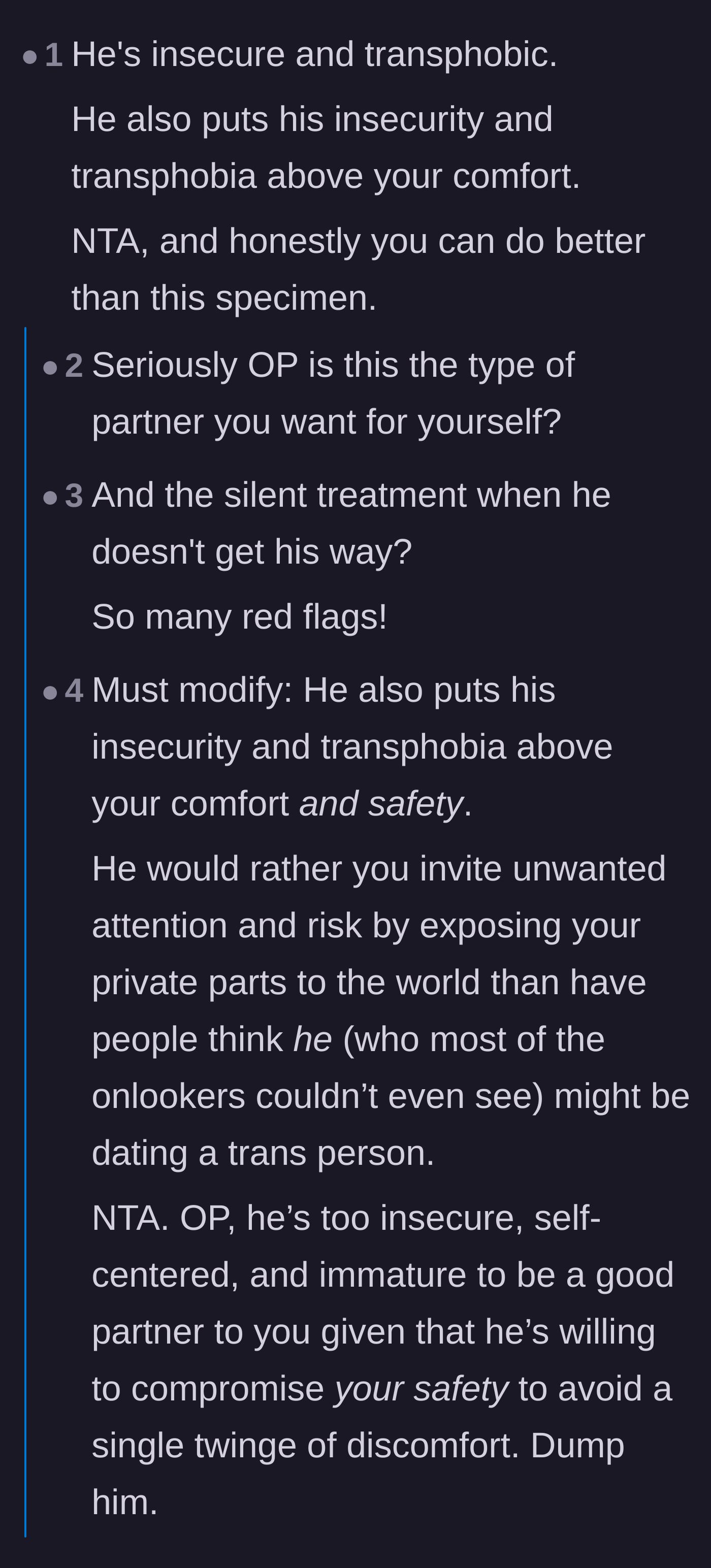 Comment thread 3 - Commenters pointing out that the boyfriend prioritized his insecurities over the main character's safety and comfort.