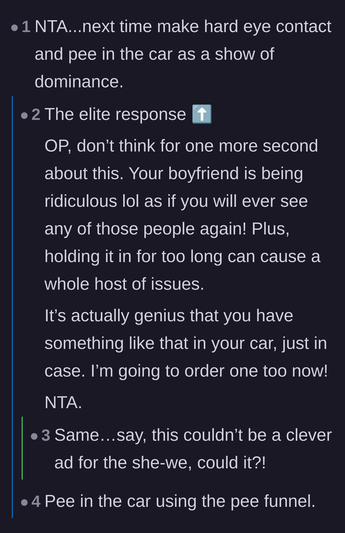 Comment thread 4 - A humorous suggestion to assert dominance by urinating inside the car instead.