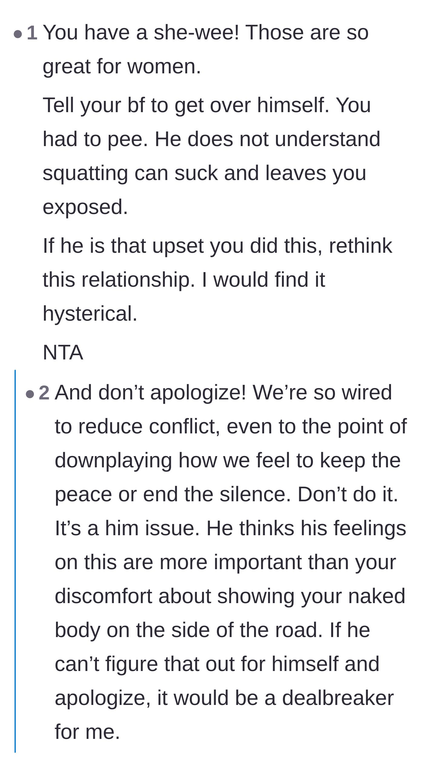 Comment thread 6 - Support for using female urination devices and advice against apologizing to keep the peace.