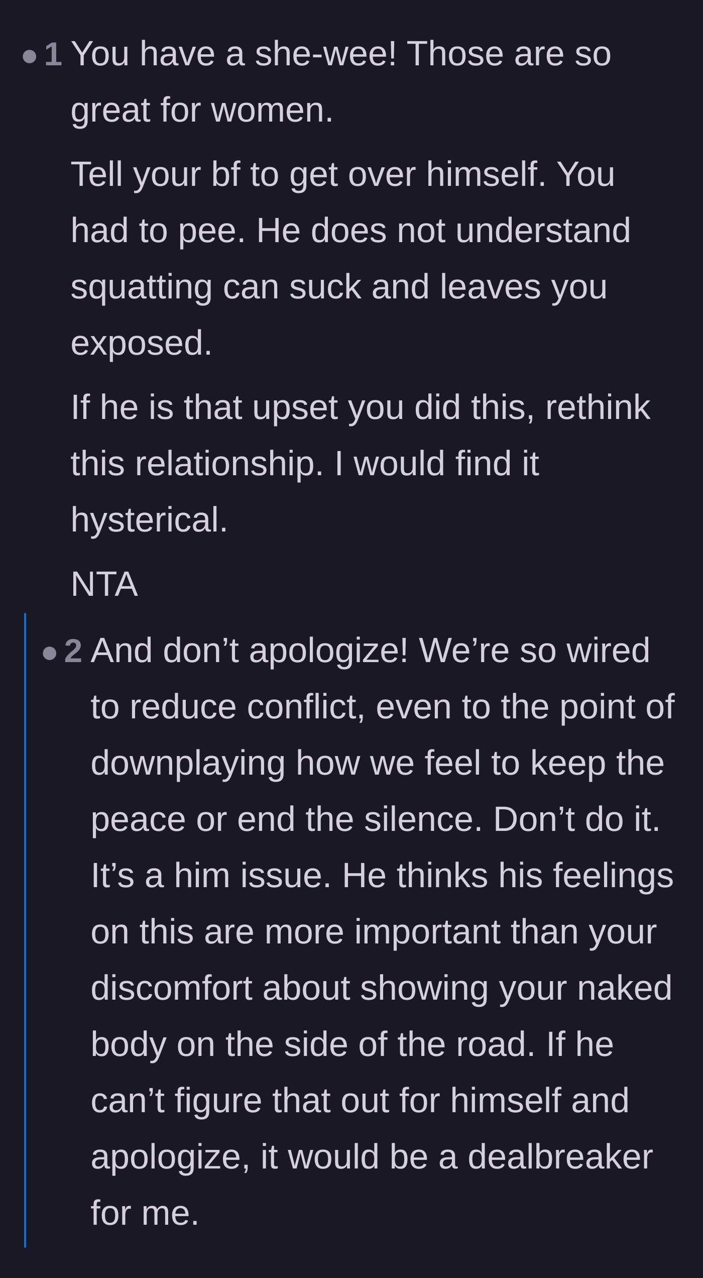 Comment thread 6 - Support for using female urination devices and advice against apologizing to keep the peace.