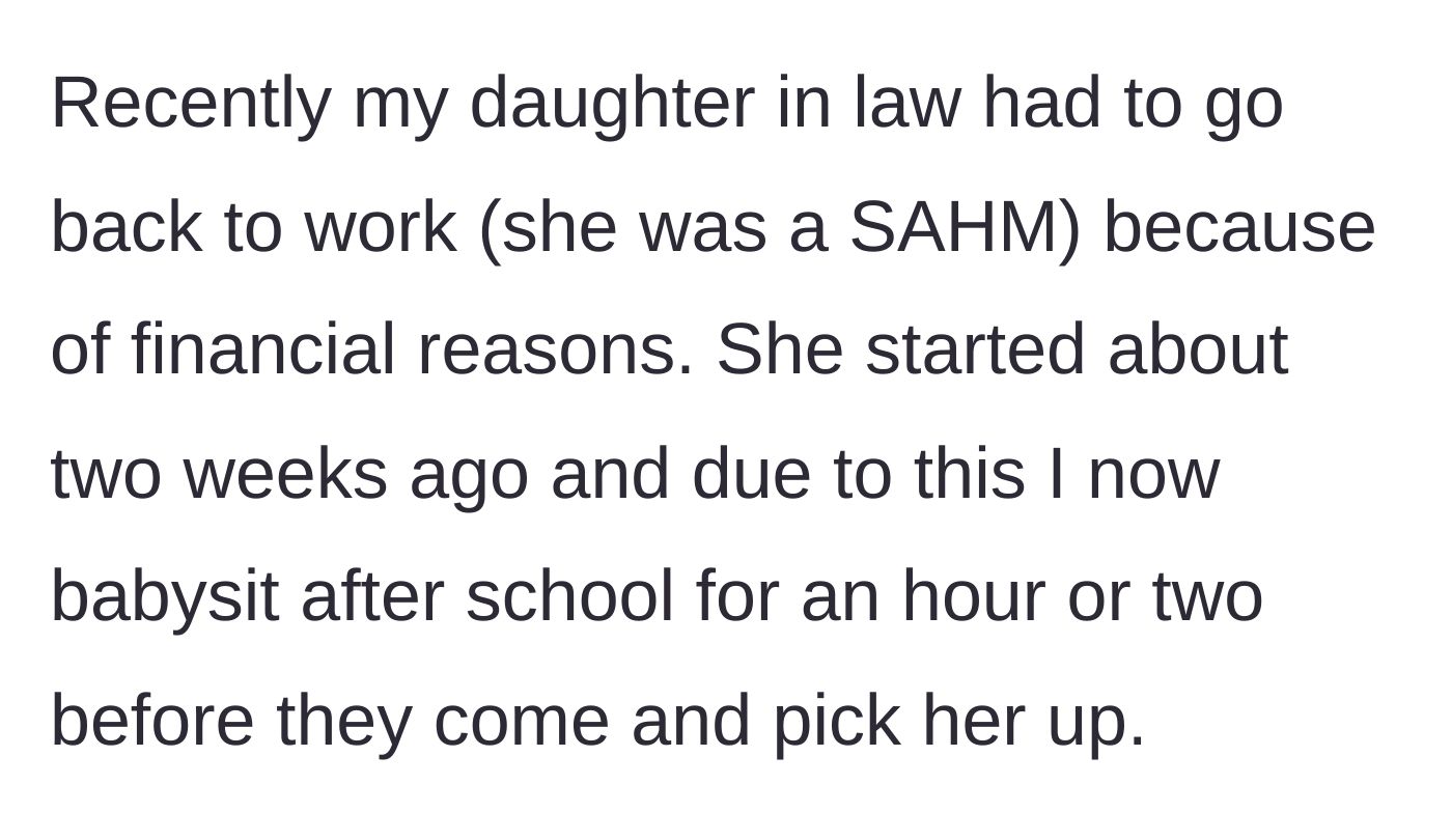 Story part 2 - Background on the daughter-in-law returning to work and grandmother stepping in to babysit.