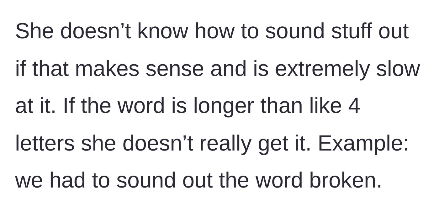 Story part 4 - Specific example of the child struggling to sound out the word 'broken'.