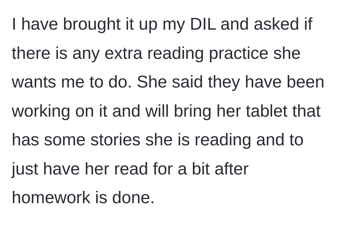 Story part 5 - Grandmother asking the daughter-in-law for extra practice materials and being given a tablet.