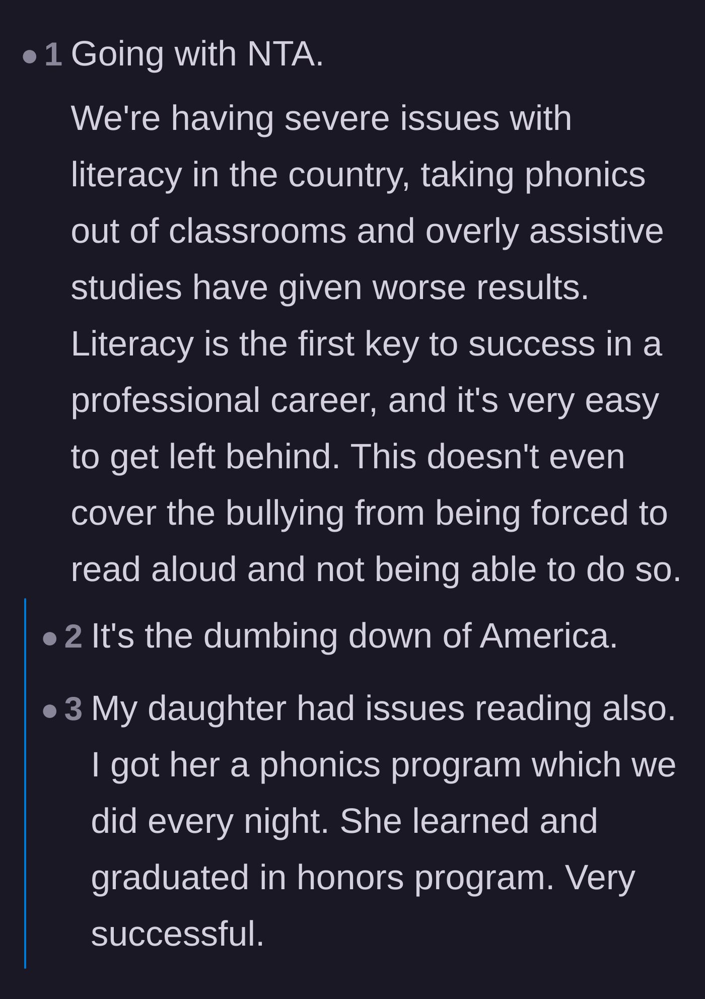 Comment thread 5 - An educator estimating the child's true reading level and a breakdown of how sight words and phonics intersect.