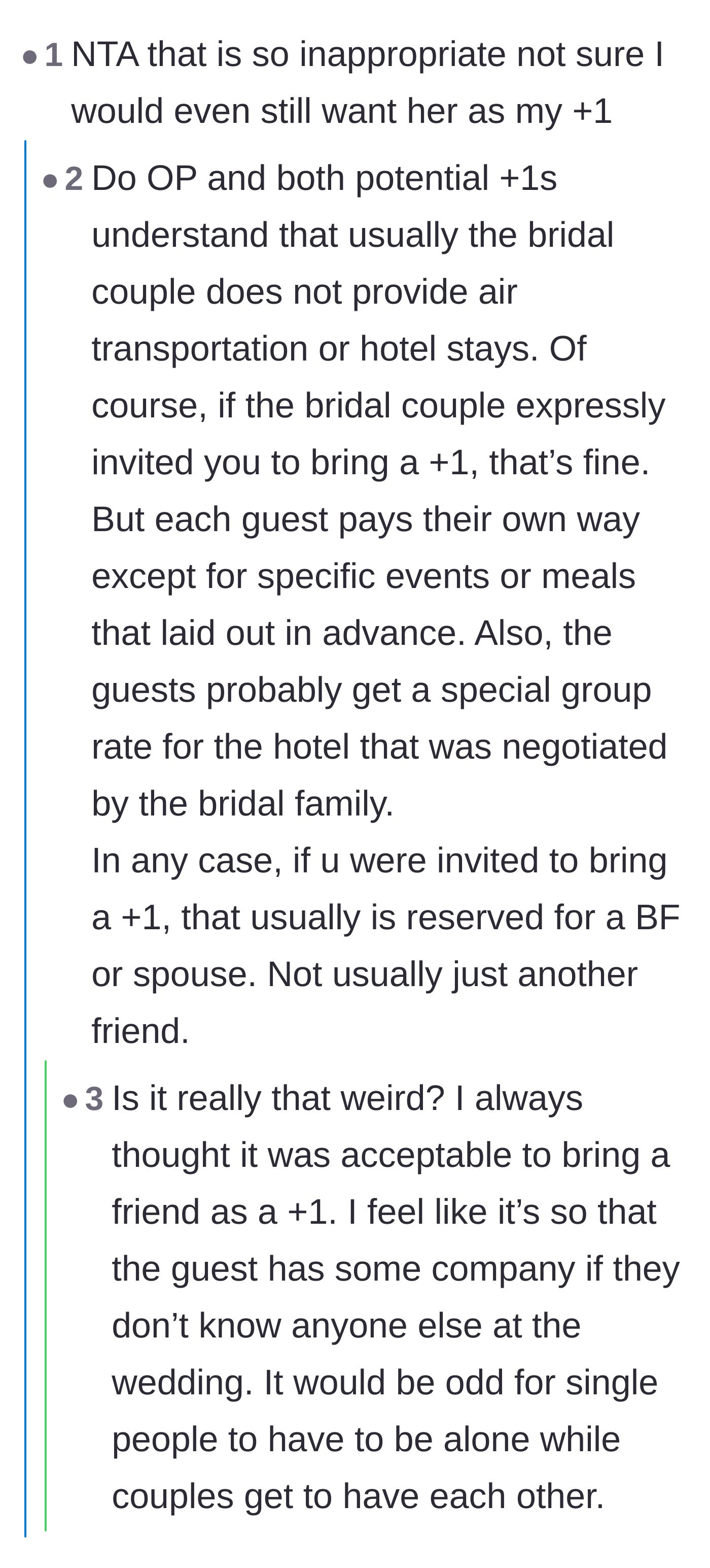 Comment thread 2 - A debate on destination wedding logistics and the baseline social skills expected of single guests.