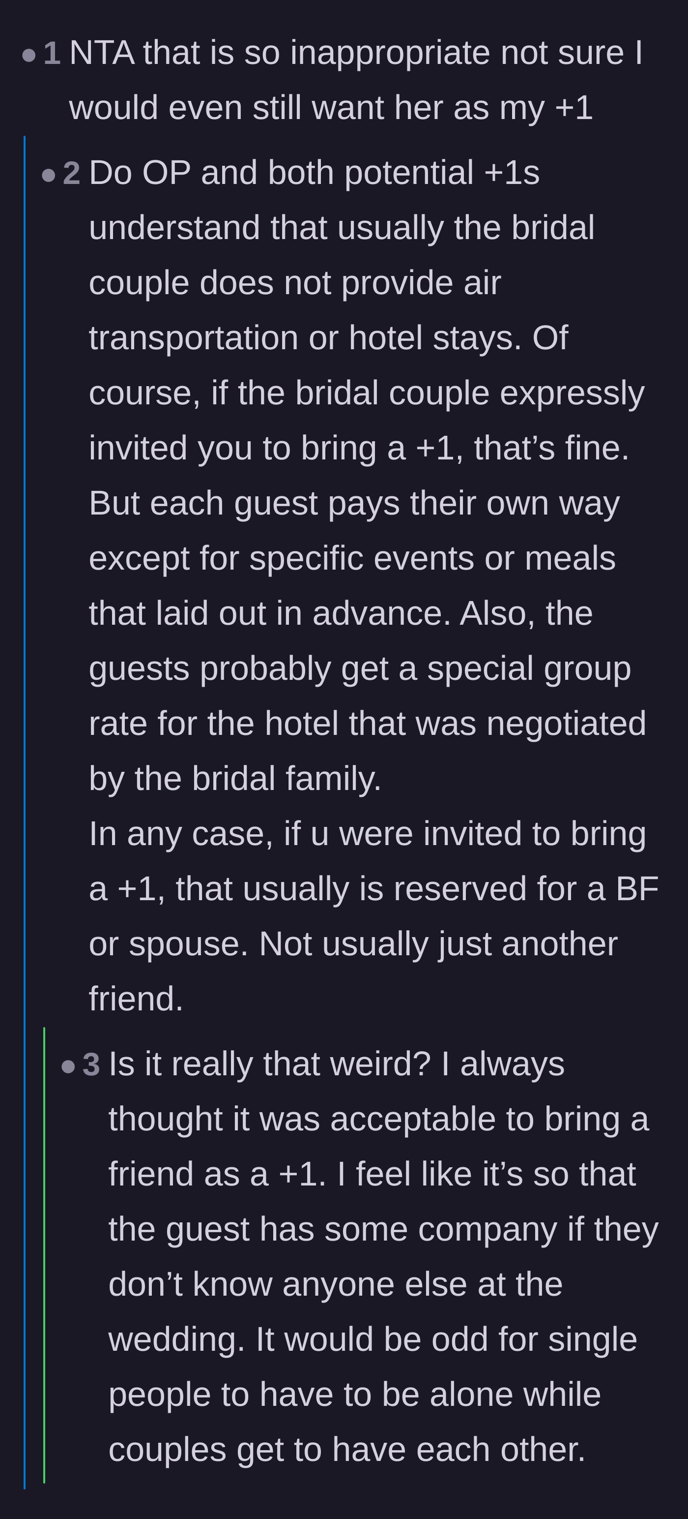 Comment thread 2 - A debate on destination wedding logistics and the baseline social skills expected of single guests.