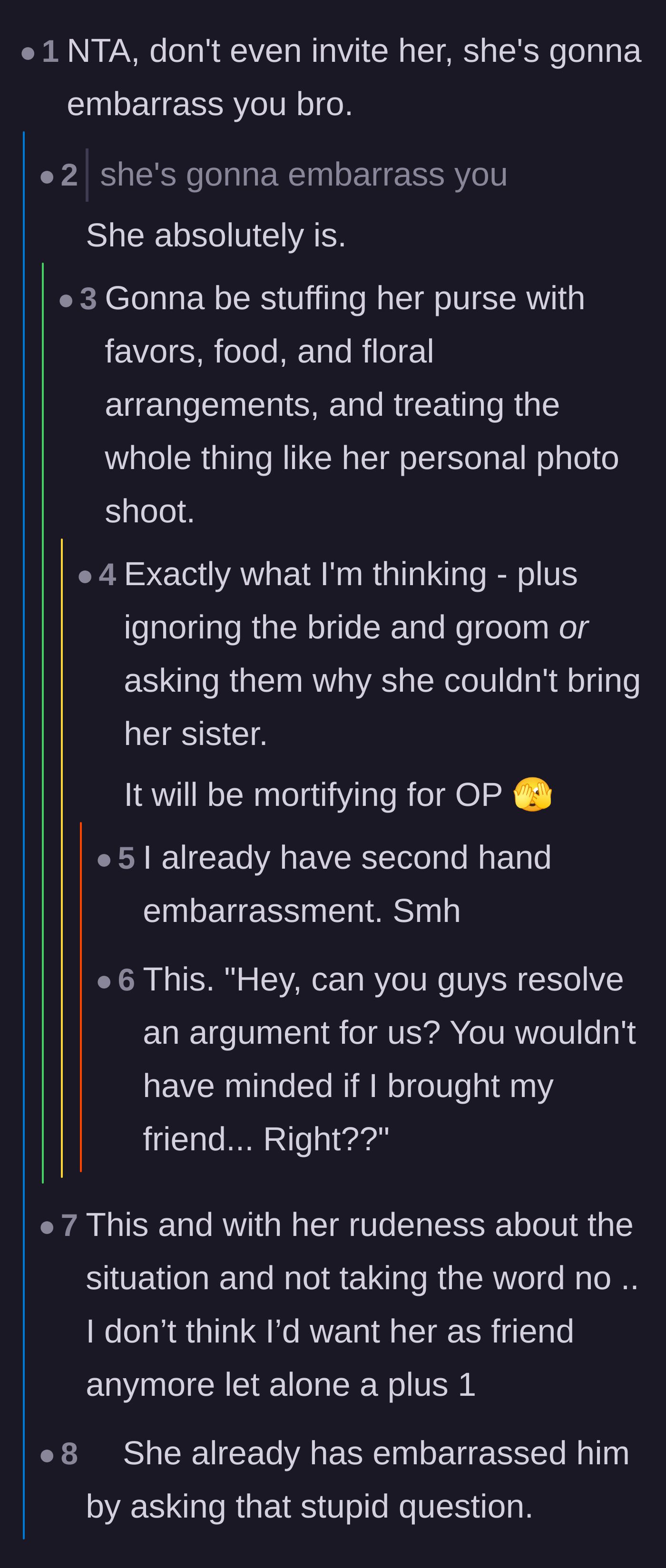 Comment thread 3 - Predictions that the entitled friend will inevitably embarrass the main character at the event.