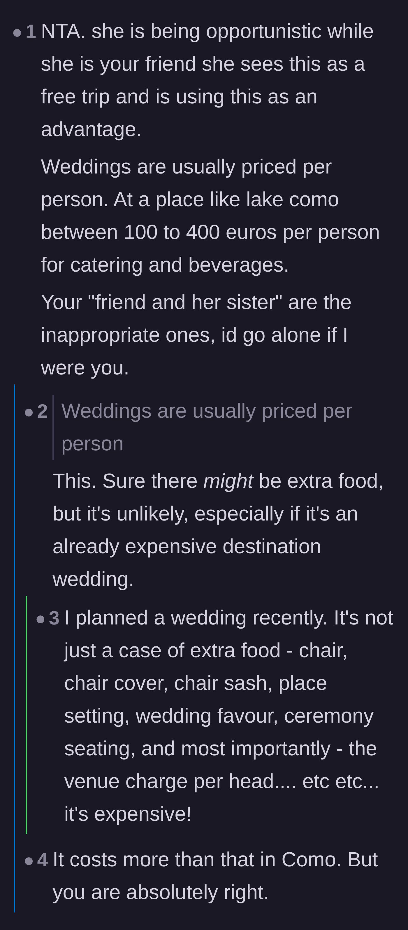 Comment thread 4 - A breakdown of the exorbitant per-plate costs at luxury venues like Lake Como.