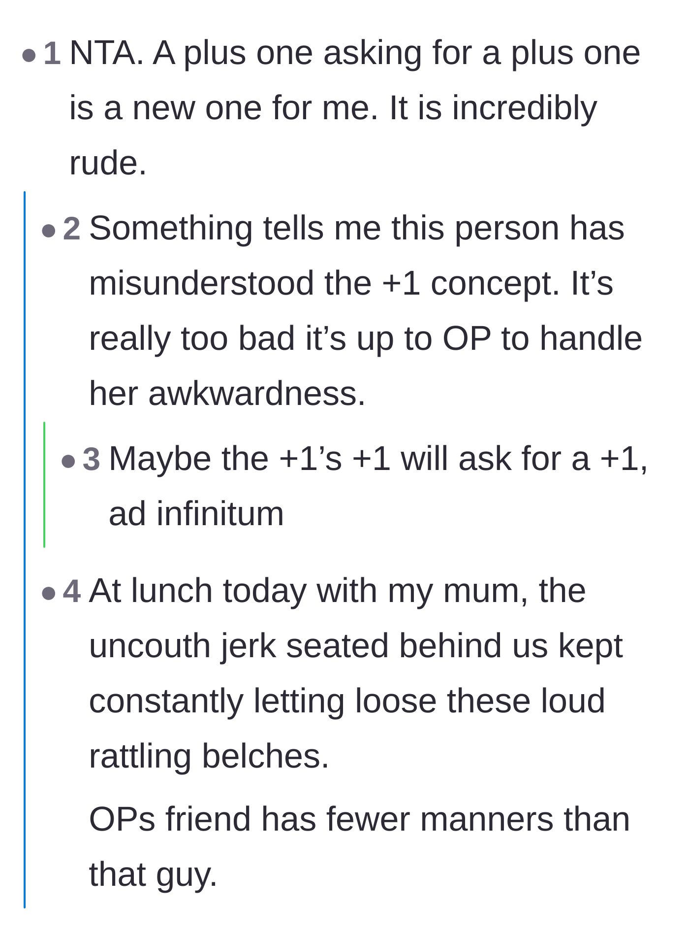 Comment thread 5 - Disbelief over the unprecedented rudeness of a plus-one demanding their own plus-one.