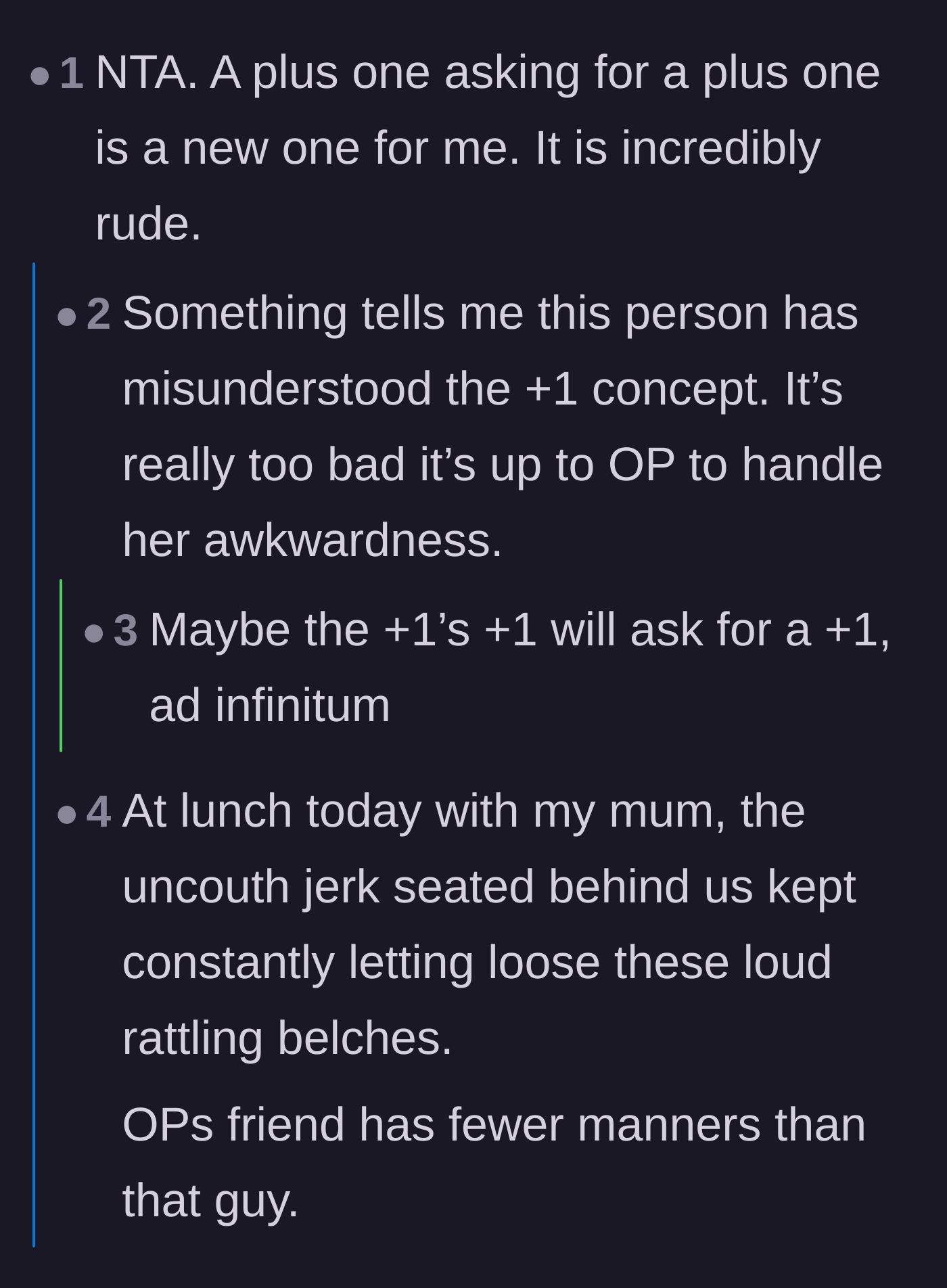 Comment thread 5 - Disbelief over the unprecedented rudeness of a plus-one demanding their own plus-one.