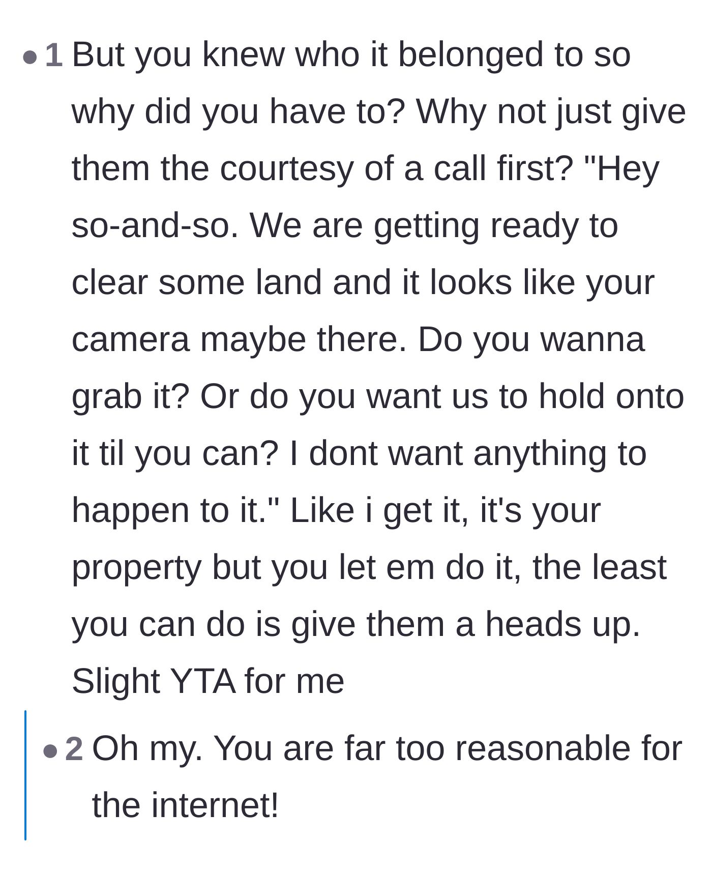 Comment thread 2 - Suggestion that the homeowner should have simply called the neighbor instead of pulling the SD card, sparking a debate on courtesy versus the husband's passivity.