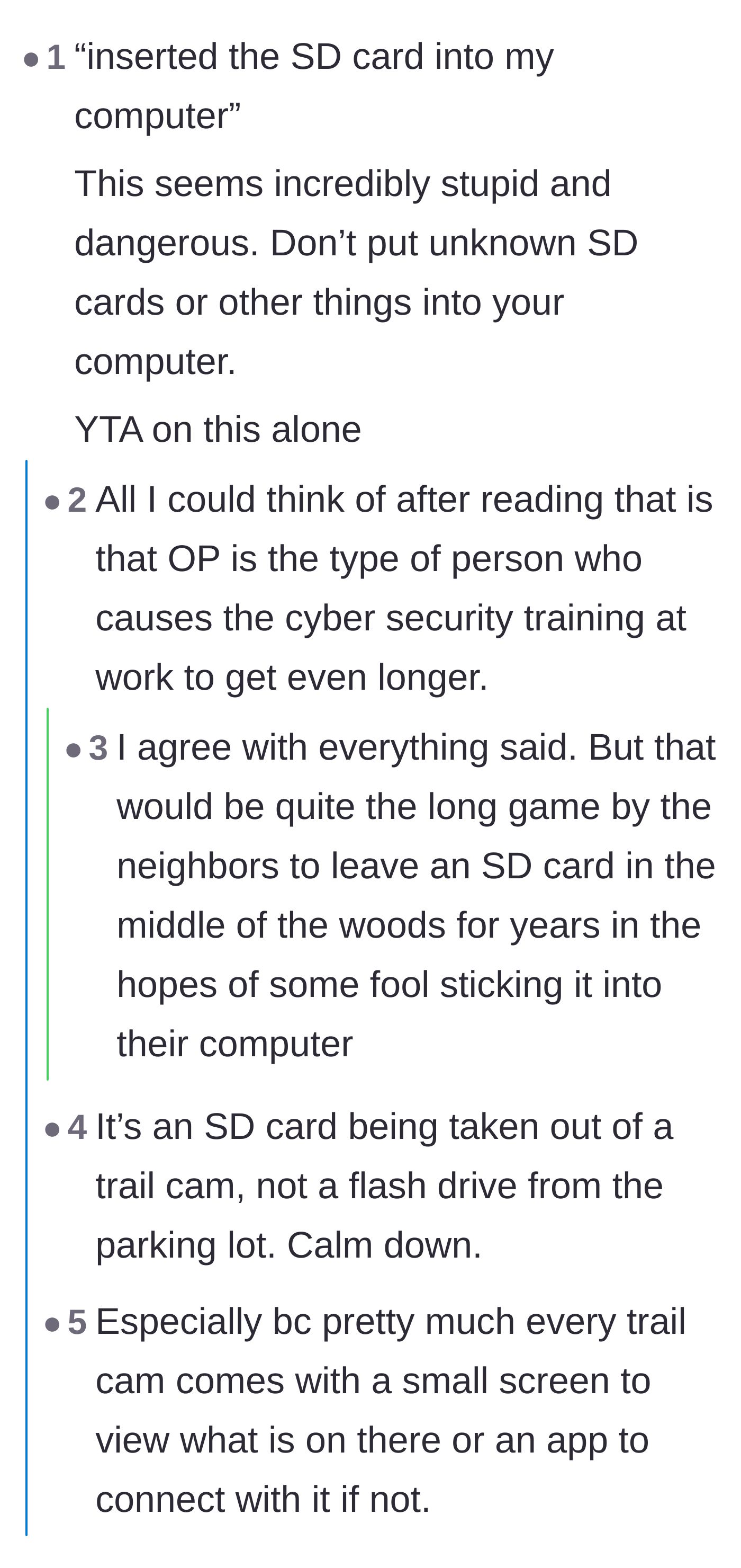 Comment thread 3 - Users criticizing the homeowner for the cybersecurity risk of plugging an unknown SD card into a personal computer.