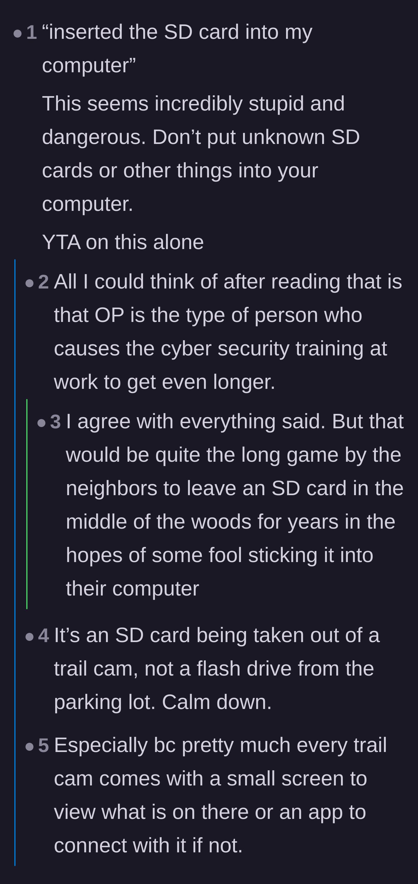 Comment thread 3 - Users criticizing the homeowner for the cybersecurity risk of plugging an unknown SD card into a personal computer.