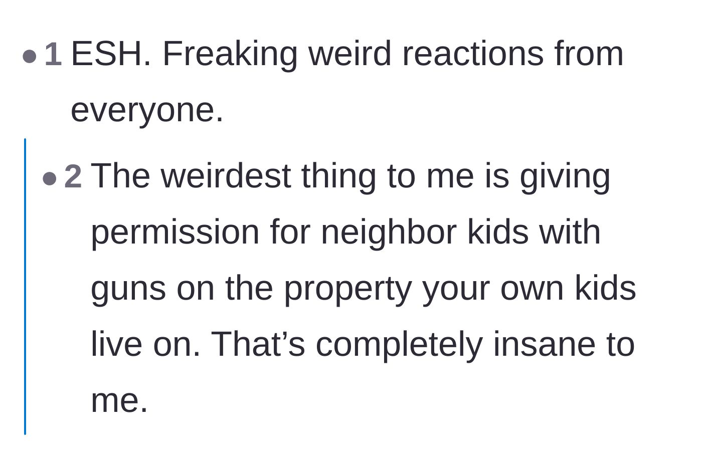 Comment thread 5 - Pointing out the absolute madness of allowing neighbors to hunt on property where the homeowner's own children live.