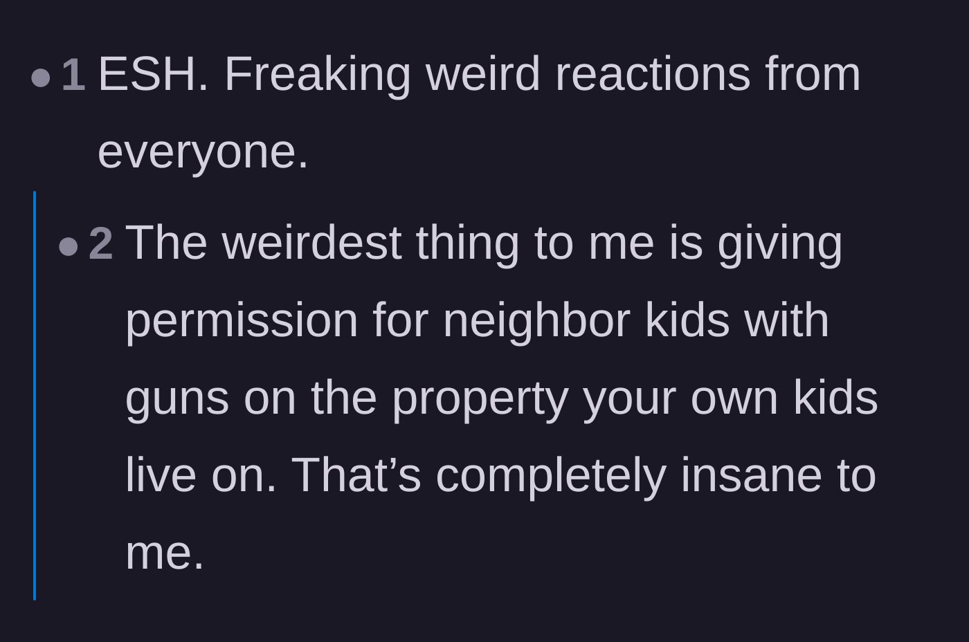 Comment thread 5 - Pointing out the absolute madness of allowing neighbors to hunt on property where the homeowner's own children live.