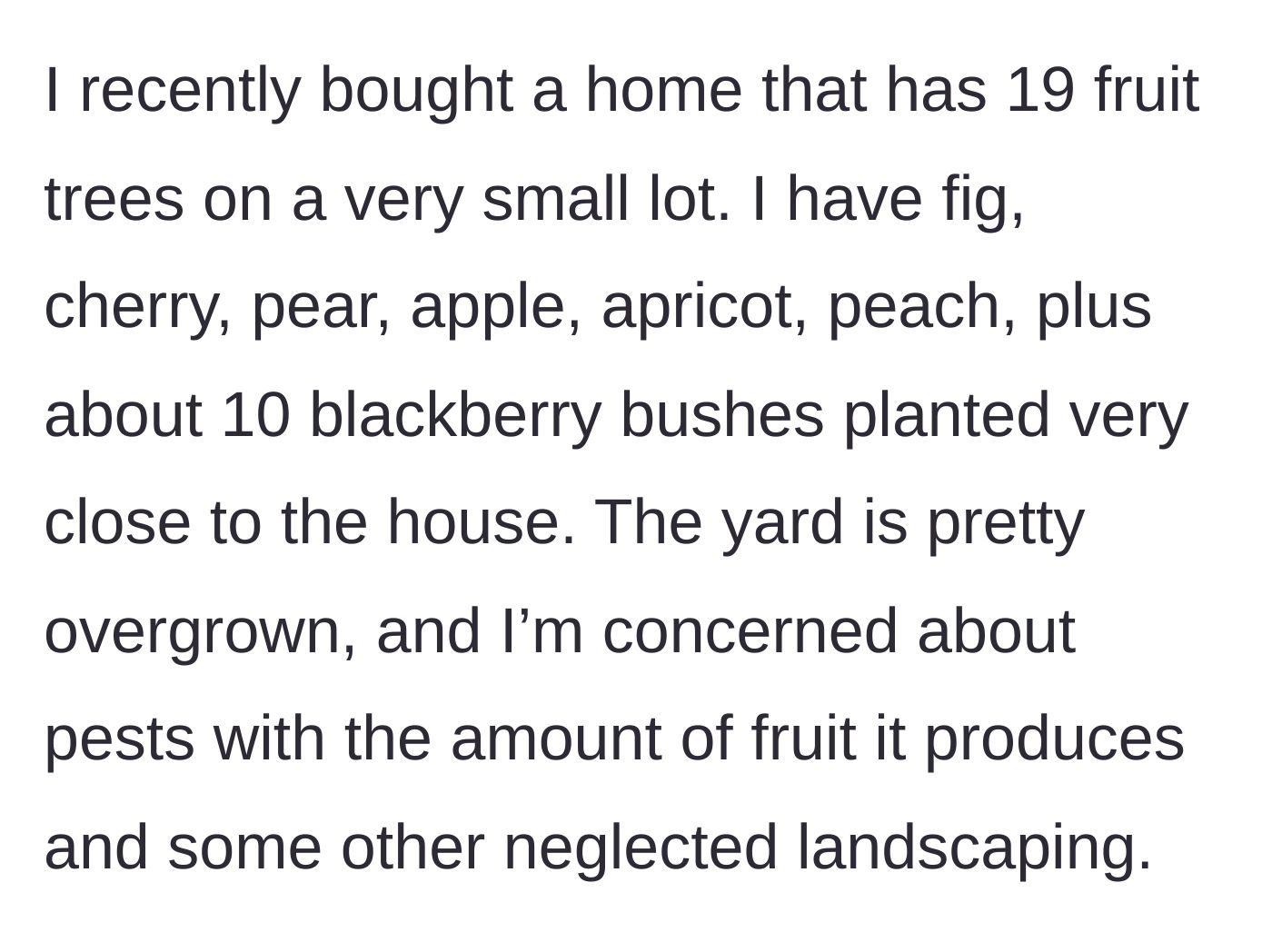 Story part 1 - A new homeowner describes discovering 19 fruit trees and overgrown blackberry bushes on their small lot.