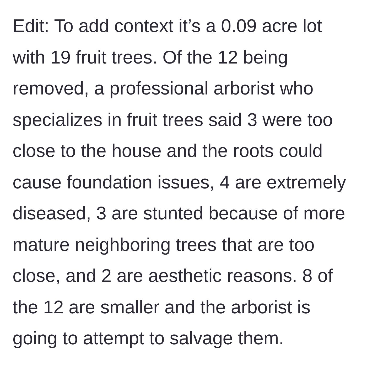 Story part 6 - An edit adds crucial context, revealing the lot is tiny (0.09 acres) and an arborist confirmed the removed trees were diseased or threatening the foundation.